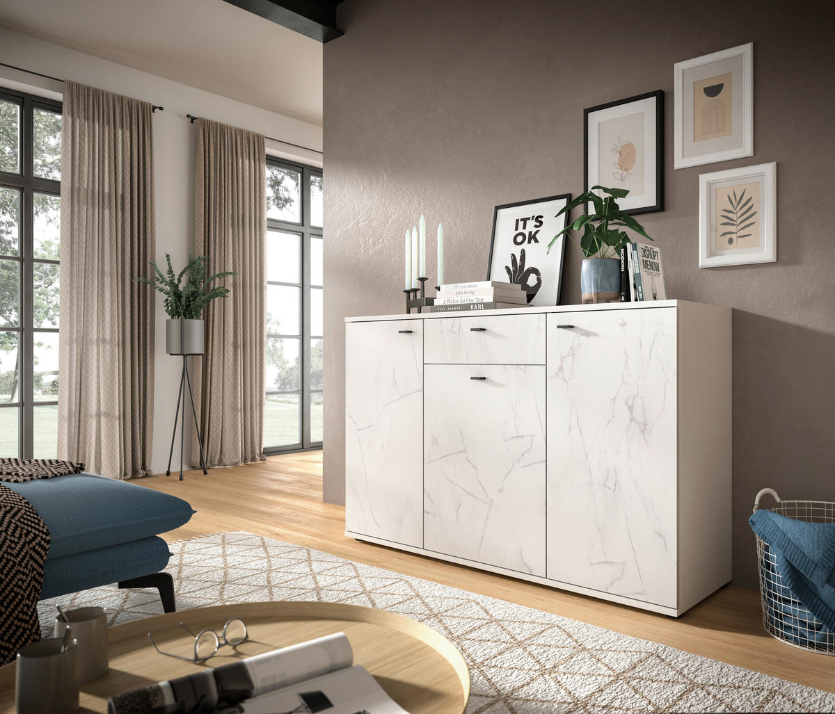 Sideboard Stone weiß Marmoroptik B/H/T: ca. 139x88x41 cm Stone - weiß/Marmoroptik (139,00/88,00/41,00cm)