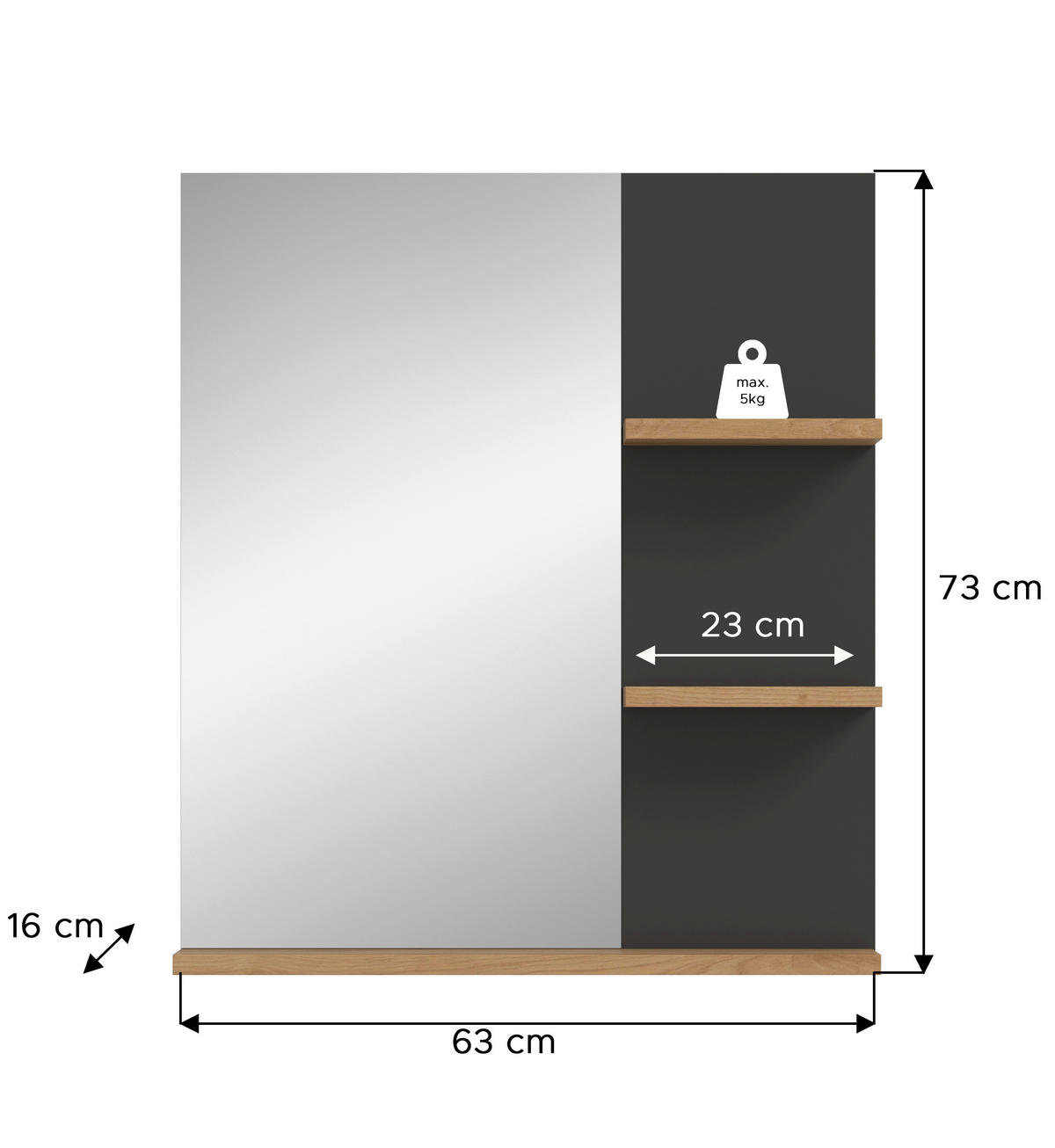 Wandspiegel Canu Basalt Eiche Artisan Nachbildung B/H/T: ca. 63x73x16 cm Canu - Eiche/Basalt (63,00/73,00/16,00cm) - xonox.home