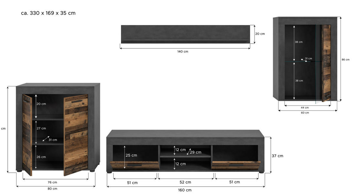 Wohnwand Jam Matera Nachbildung Old Wood Nachbildung B/H/T: ca. 169x330x35 cm Jam - (169,00/330,00/35,00cm) - xonox.home