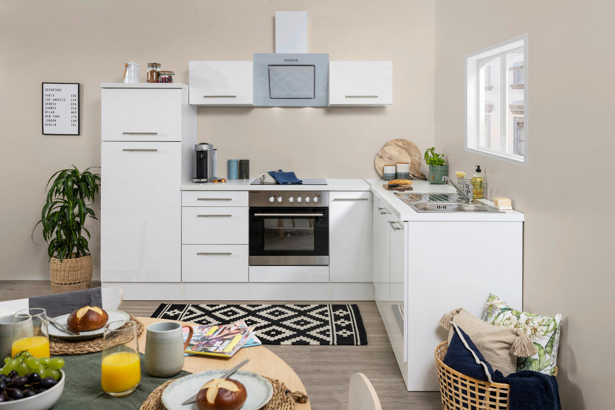 Respekta Winkelküche Amanda weiß Hochglanz B/H/T: ca. 260x200x60 cm Amanda - weiß/Edelstahloptik (260,00/200,00/60,00cm) - Respekta