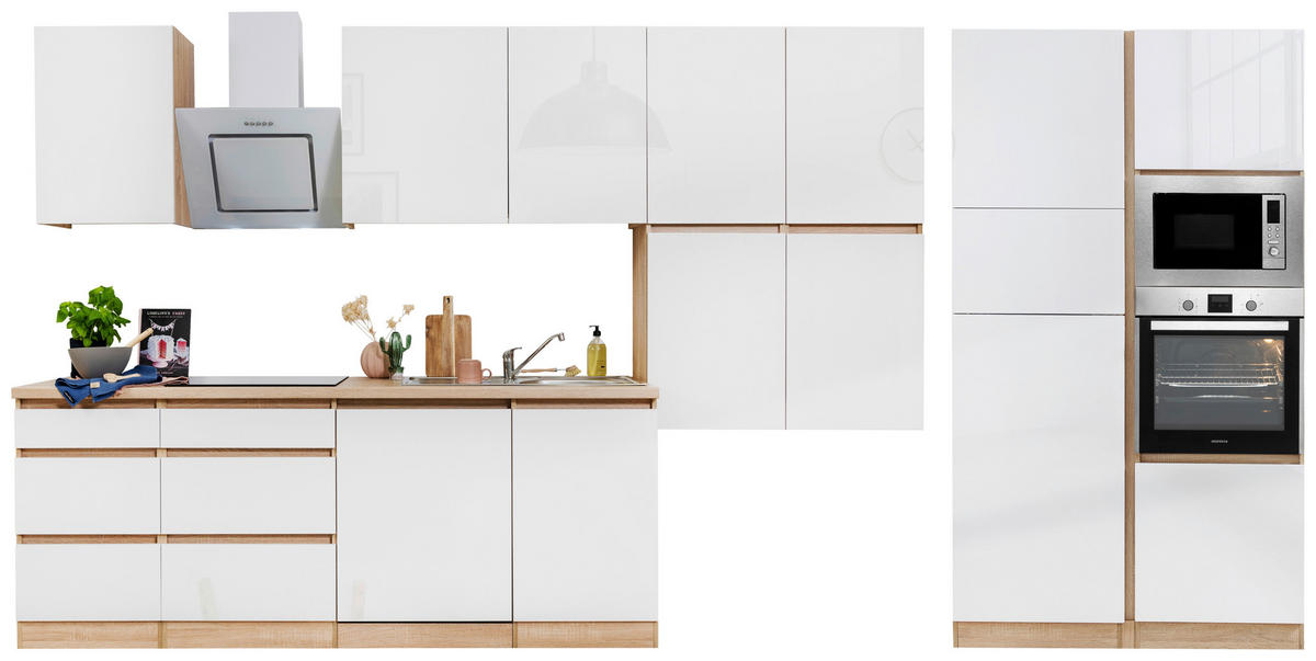 Respekta Küchenblock Premium weiß hochglänzend B/H/T: ca. 445x220,5x60 cm Premium - Eiche/weiß (445,00/220,50/60,00cm) - Respekta