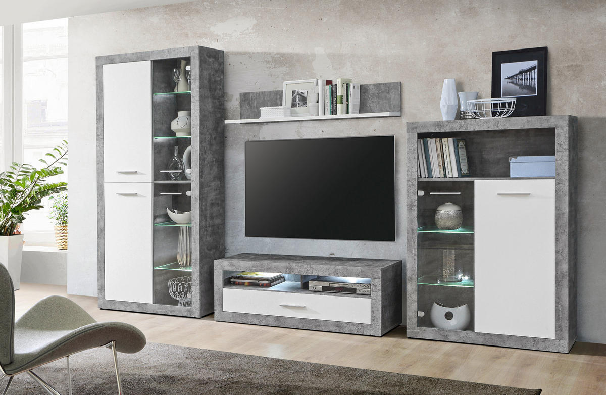 Wohnwand  Beton Optik weiß B/H/T: ca. 308x194x41 cm Finley_Wohnwand FEYM01-C264 - weiß (308,00/194,00/41,00cm)