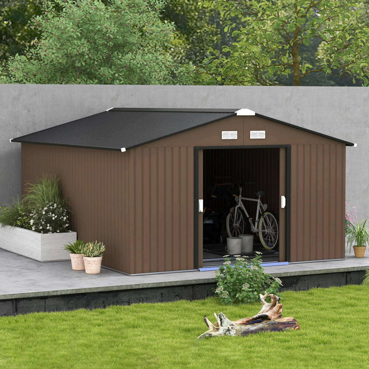 Outsunny Gerätehaus braun Stahl B/H/L: ca. 386x200x340 cm Gerätehaus - braun (340,00/386,00/200,00cm) - Outsunny