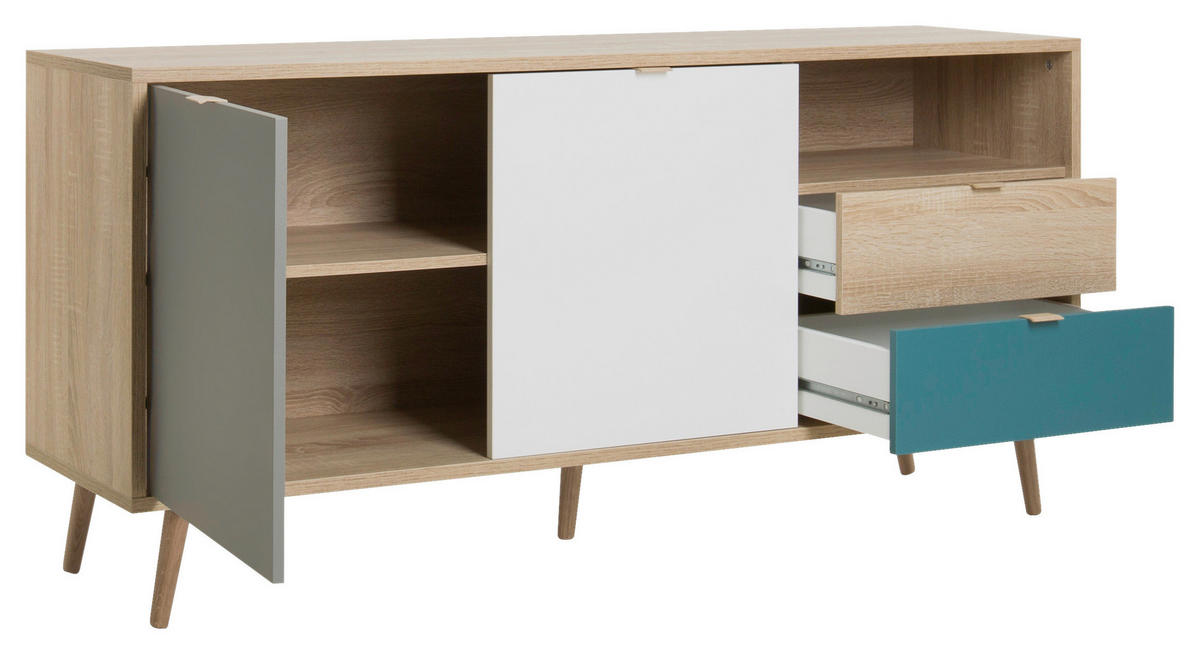 Sideboard Cuba Eiche Sonoma Nachbildung weiß grau petrol B/H/T: ca. 150x71x40 cm Cuba - Eiche/weiß (150,00/71,00/40,00cm)