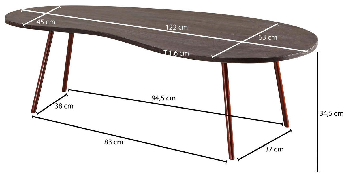 Couchtisch grau B/H/T: ca. 122x34x63 cm Couchtisch - grau (122,00/34,00/63,00cm) - Wohnling