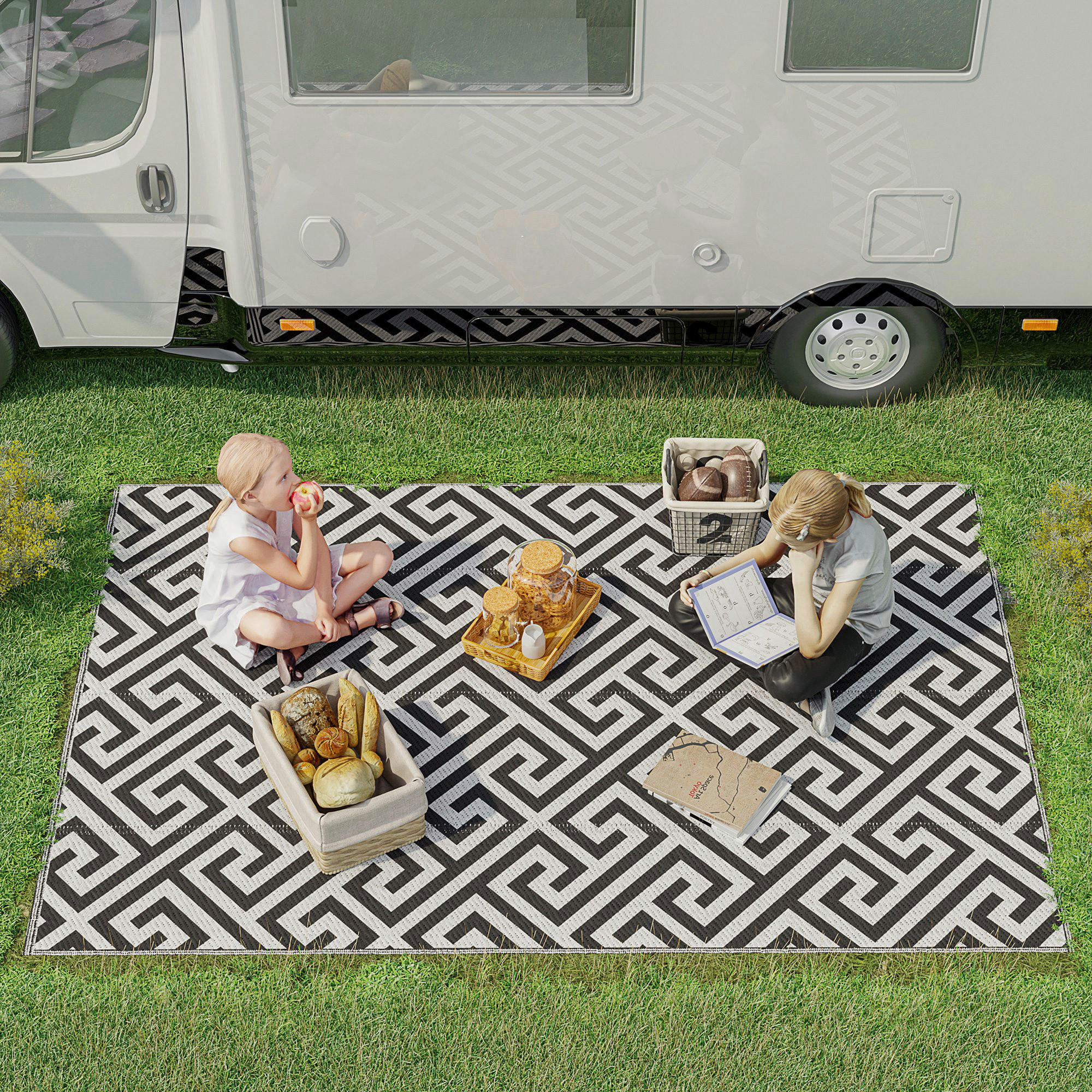 Outsunny Outdoor-Teppich weiß B/H/L: ca. 243x0,3x152 cm Outdoor-Teppich - weiß/schwarz (152,00/243,00/0,30cm) - Outsunny