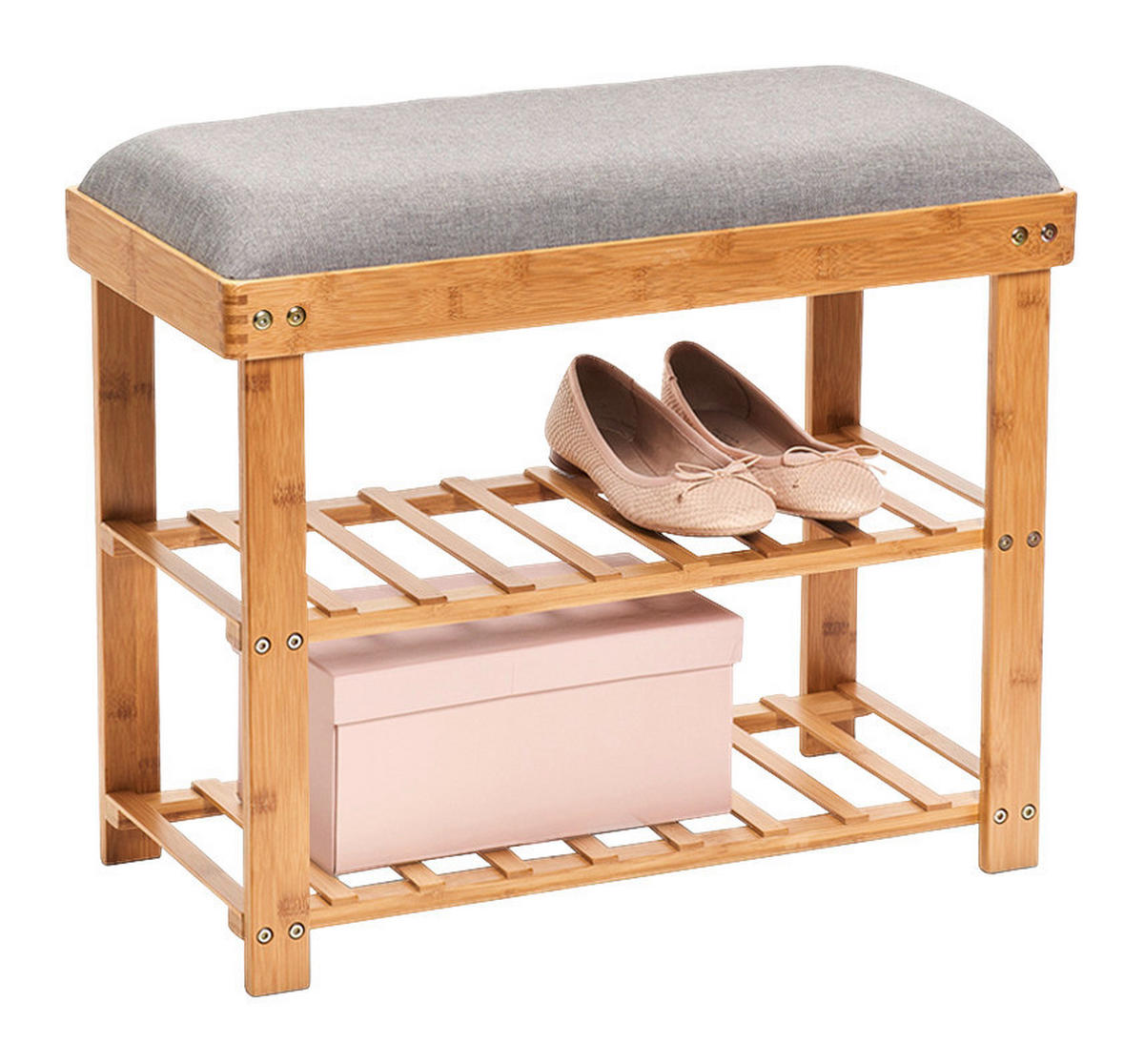 Zeller Schuhregal natur Bambus B/H/T: ca. 60x50x29 cm Schuhregal_mit_Sitzkissen - natur/grau (60,00/50,00/29,00cm) - Zeller