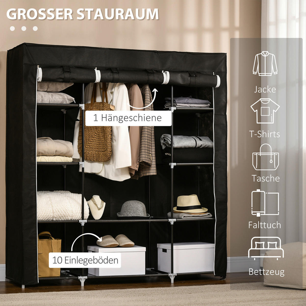 HOMCOM Kleiderschrank schwarz Edelstahl B/H/L: ca. 43x150x162,5 cm Stoffschrank - schwarz (162,50/43,00/150,00cm) - HOMCOM