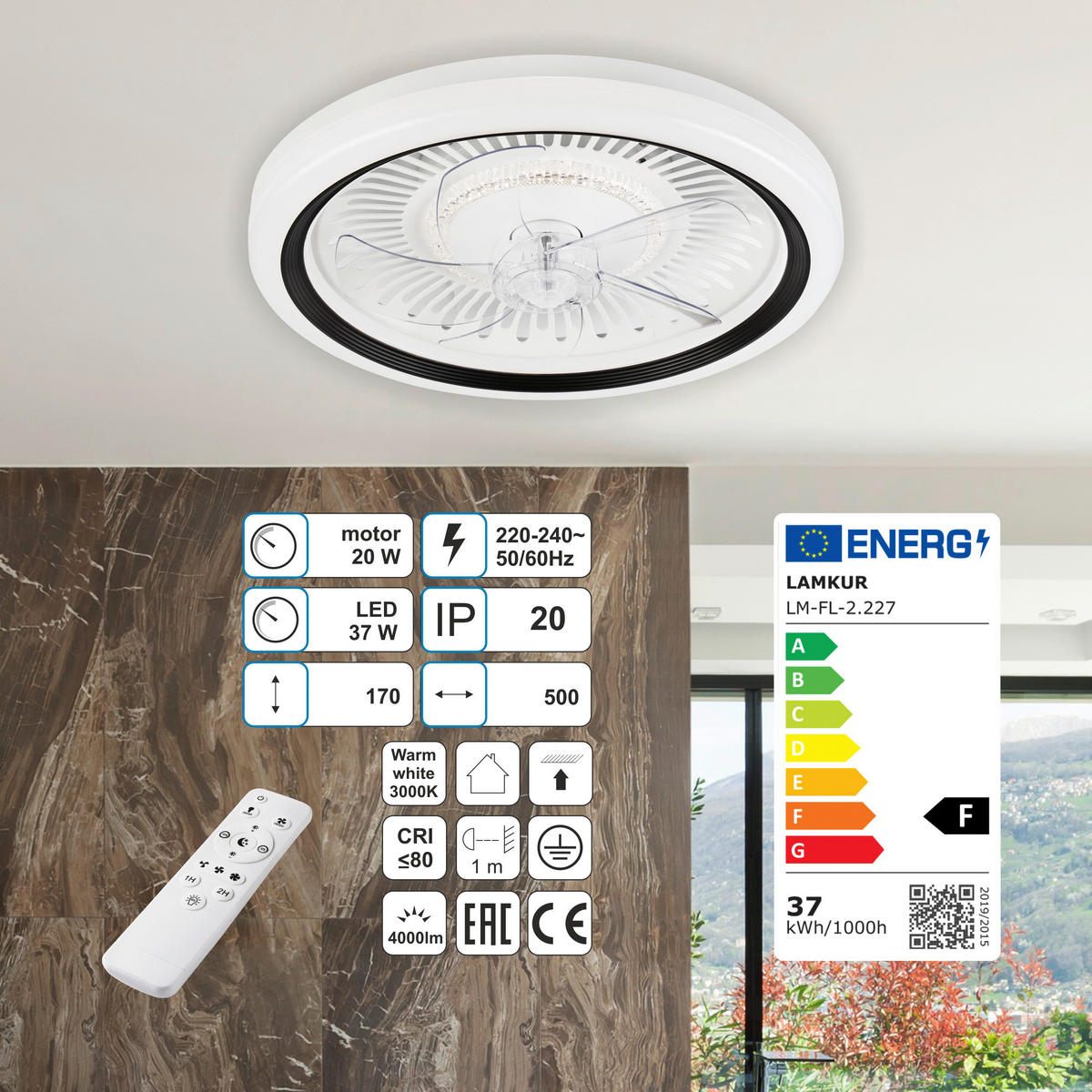 Lamkur LED-Deckenventilator FALCO 49908 schwarz weiß H/L: ca. 17x50 cm max. 40 W Falco - weiß/schwarz (50,00cm) - Lamkur