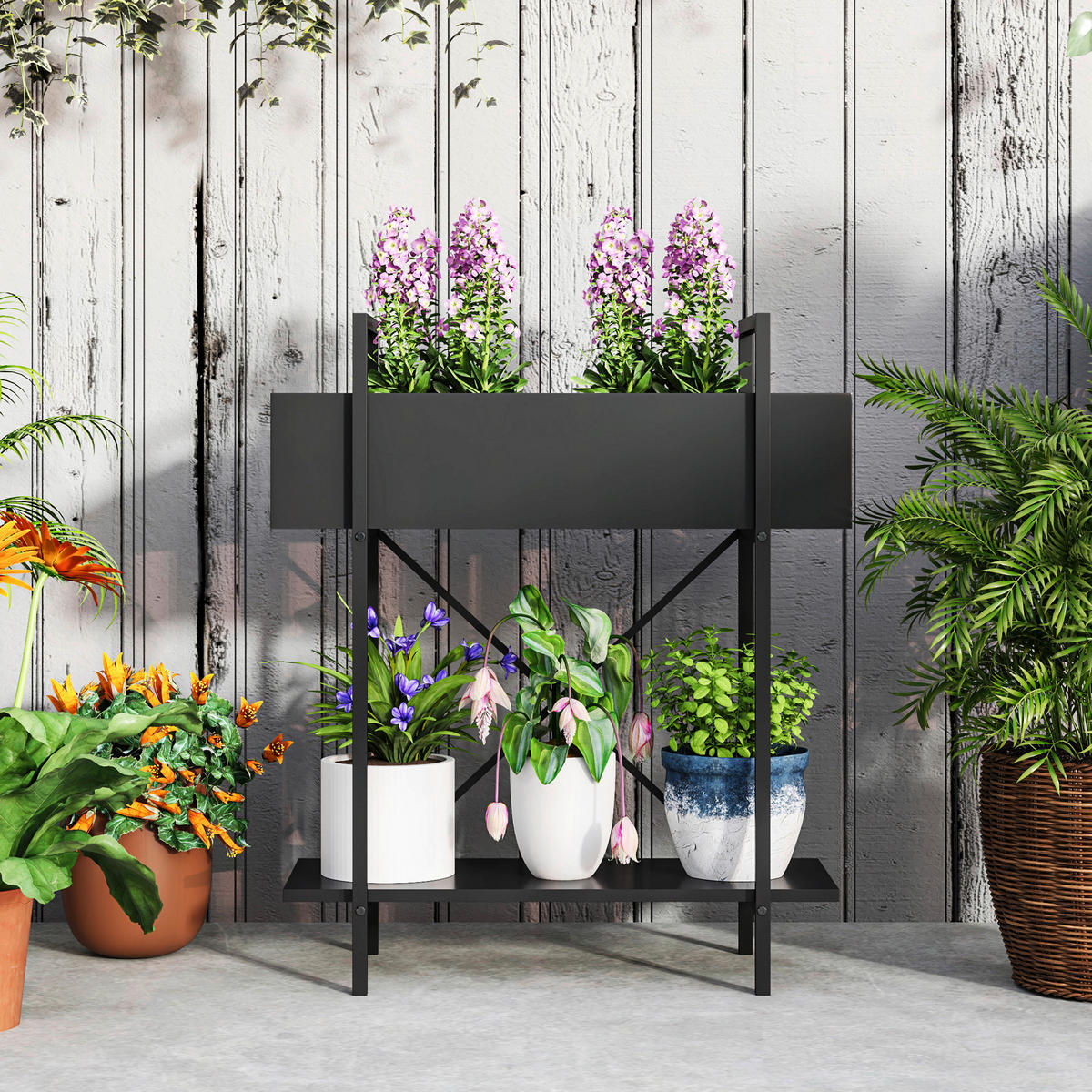 Outsunny Pflanzenständer schwarz Metall B/H/L: ca. 25x70x60 cm Pflanzenständer - schwarz (60,00/25,00/70,00cm) - Outsunny