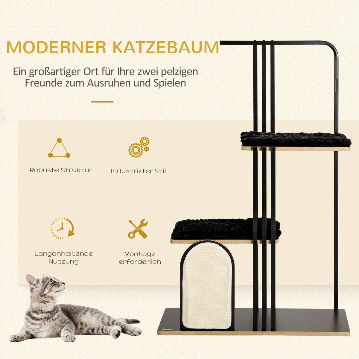 PawHut Kratzbaum schwarz Spanplatte B/H/L: ca. 48x128x85 cm Kratzbaum - schwarz (85,00/48,00/128,00cm) - PawHut