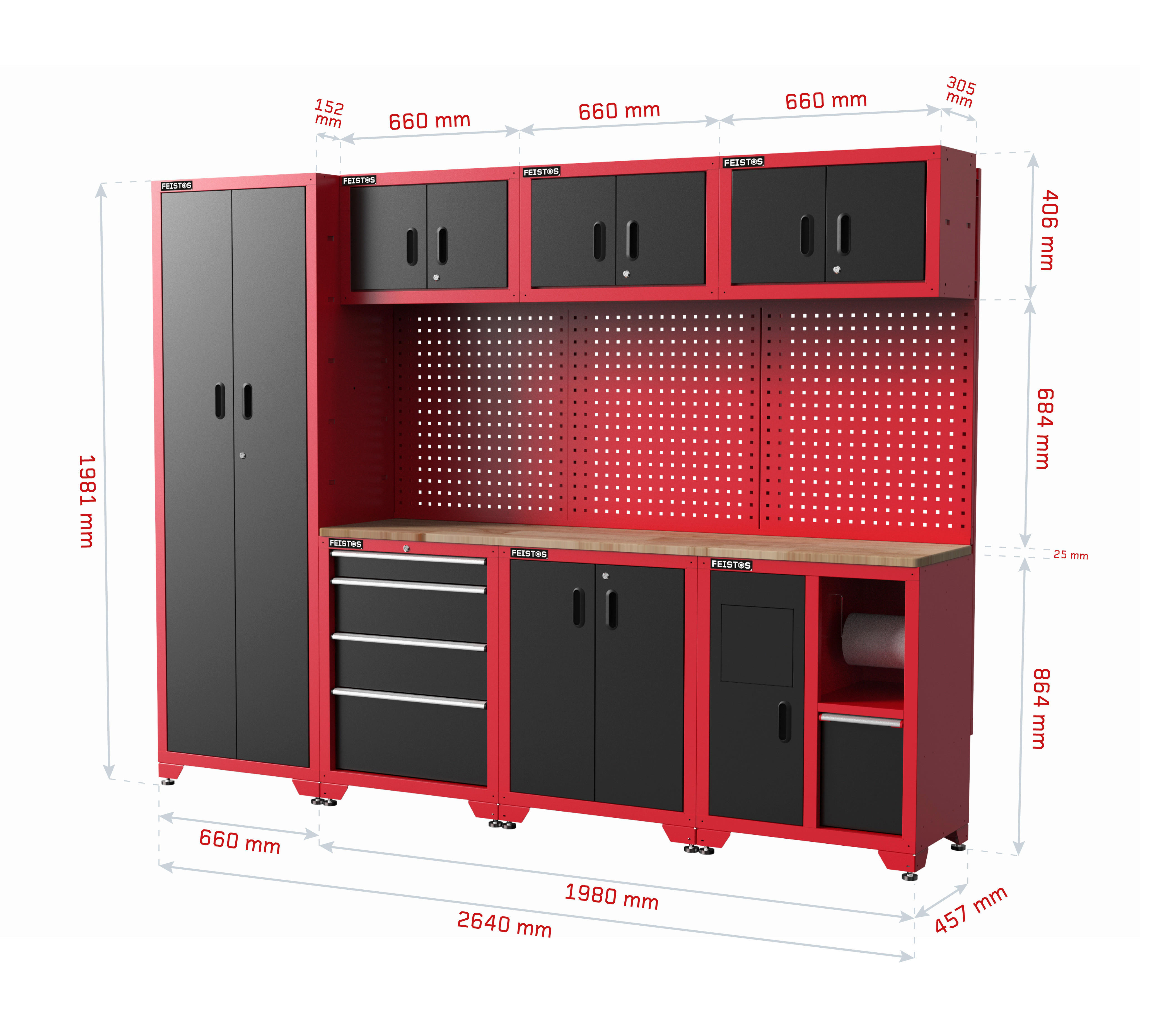 Werkstatteinrichtung Juno 3 rot B/H/T: ca. 264x198x46 cm Juno 3 - rot/schwarz (264,00/198,00/46,00cm) - Feistos