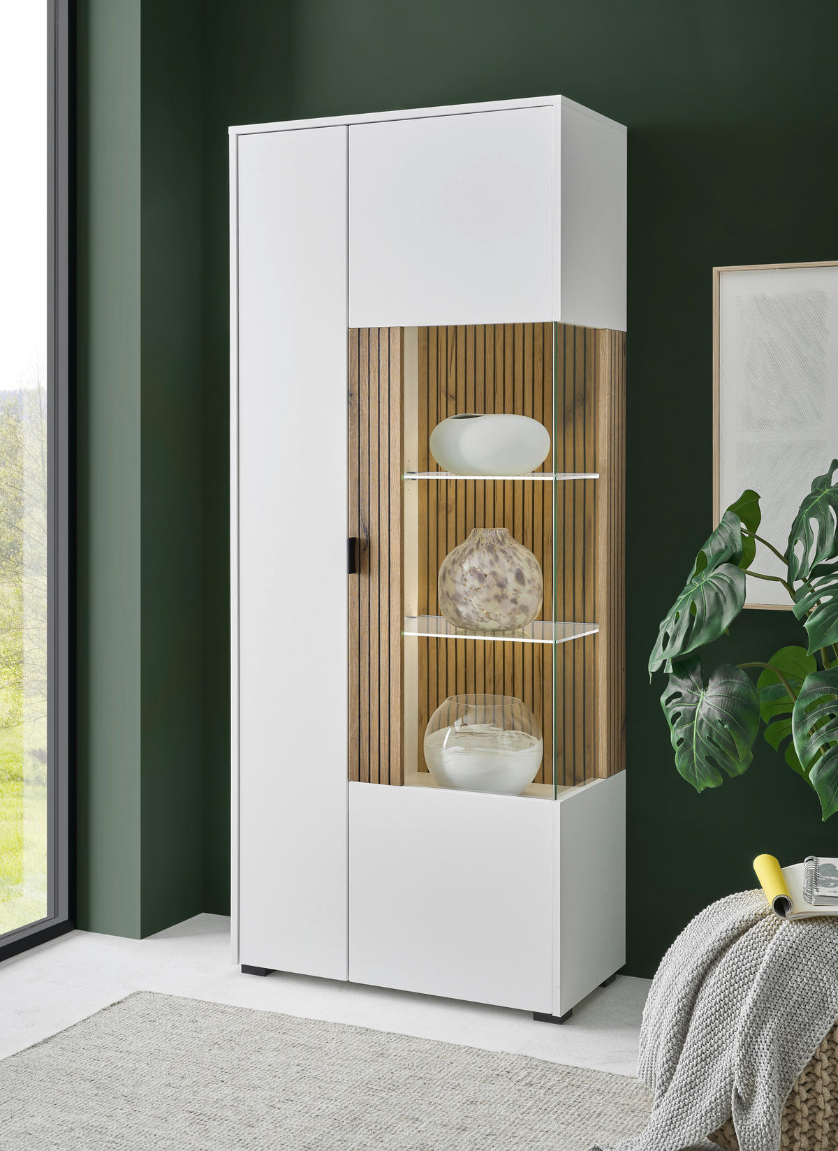 Vitrine Hudson weiß matt Eiche Evoke Coast Nachbildung B/H/T: ca. 75x180x38 cm Hudson - Eiche/weiß (75,00/180,00/38,00cm)