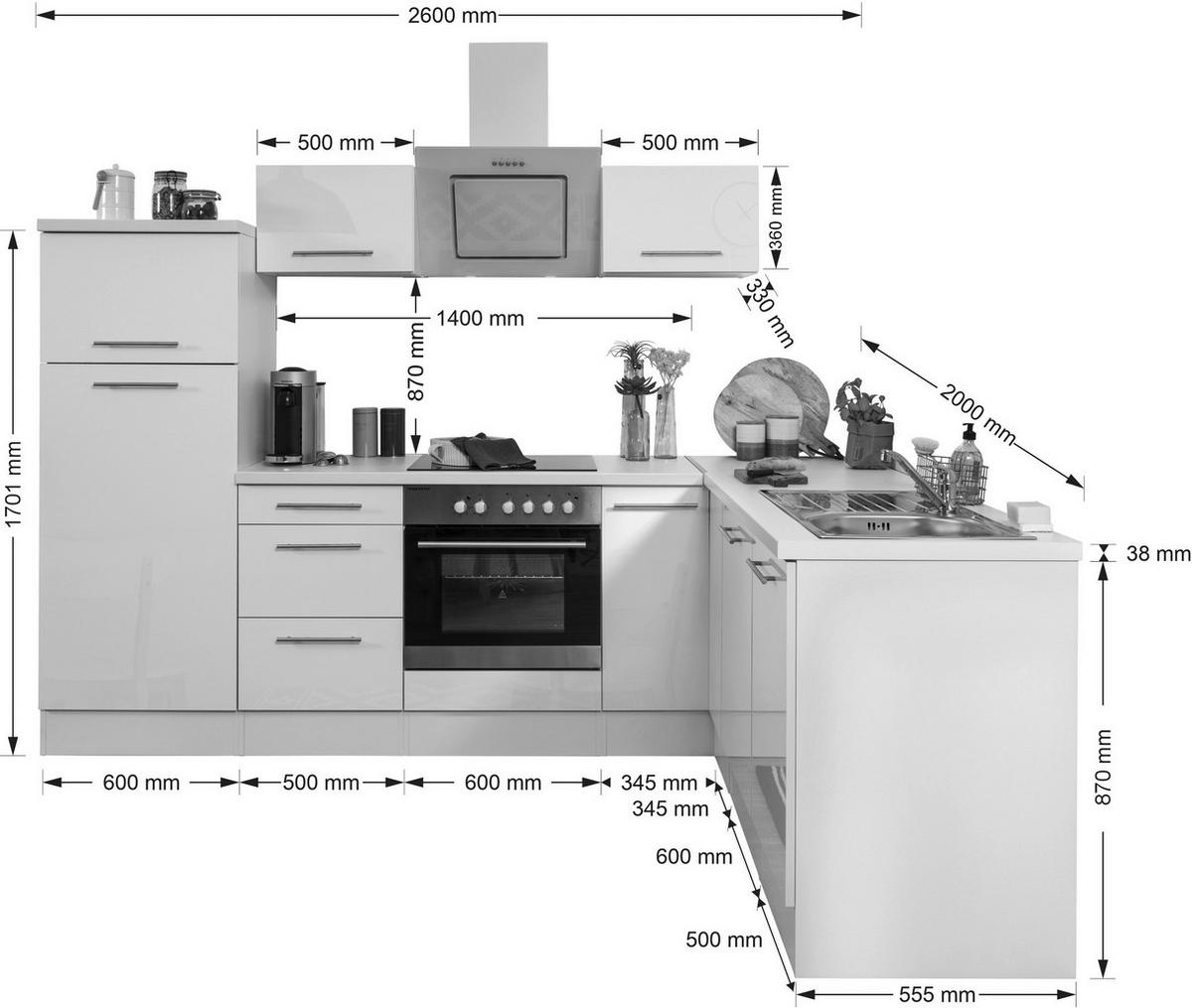 Respekta Winkelküche Amanda weiß Hochglanz B/H/T: ca. 260x200x60 cm Amanda - weiß/Edelstahloptik (260,00/200,00/60,00cm) - Respekta