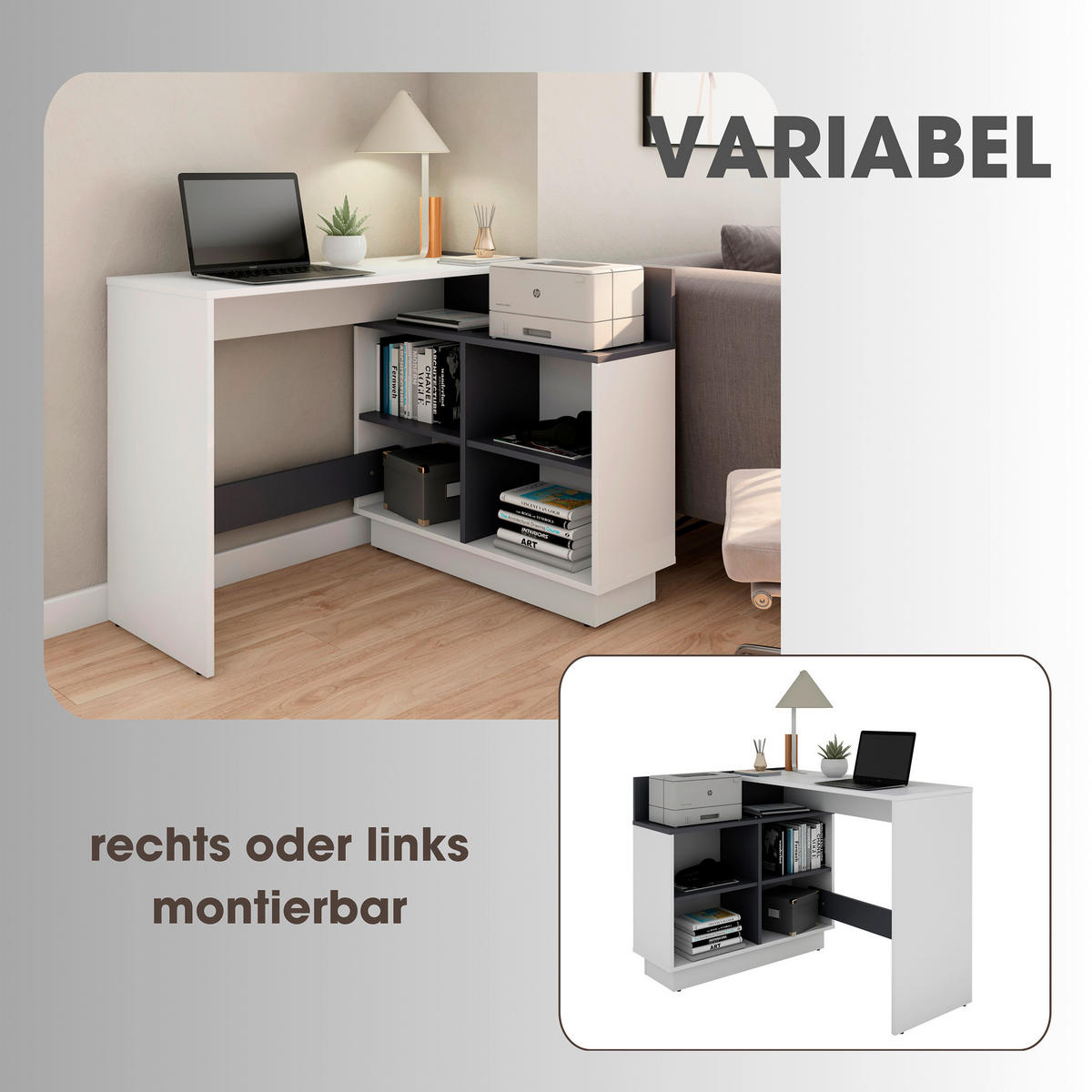 Eckschreibtisch BERNI weiß Graphit B/H/T: ca. 102x77,5x80 cm BERNI - weiß/Graphit (102,00/77,50/80,00cm) - byLIVING