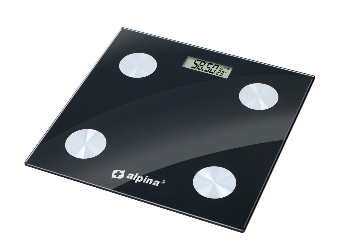 Alpina Personenwaage schwarz Edelstahl B/L: ca. 28x28 cm Bluetooth-Körperanalysewaage - schwarz (28,00/28,00cm) - Alpina