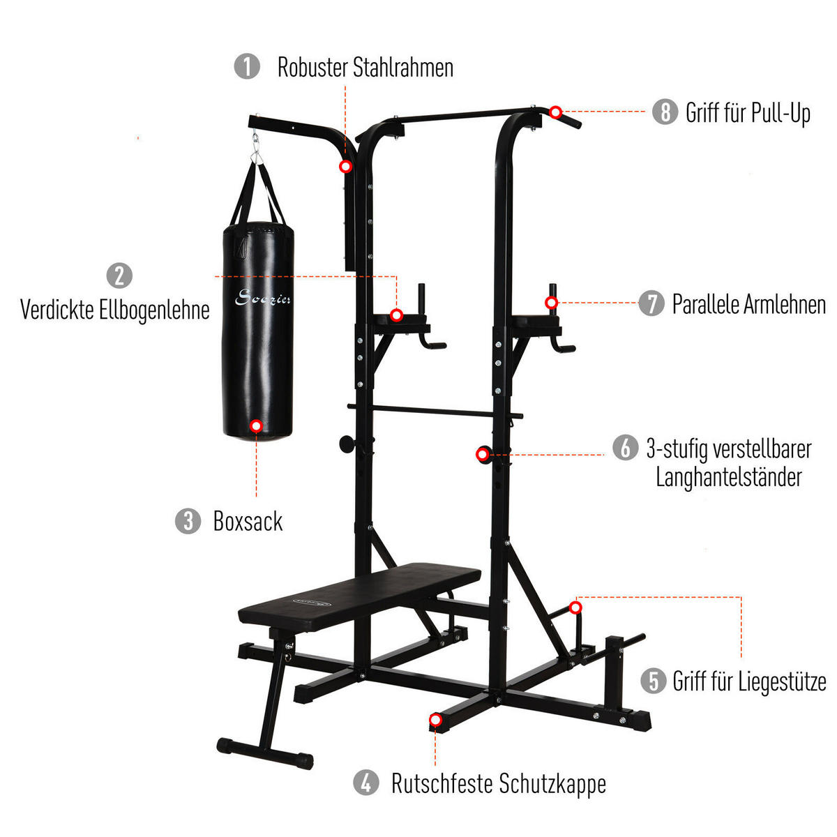 HOMCOM Kraftstation schwarz Stahl B/H/T: ca. 180x219x183 cm Kraftstation - schwarz (180,00/219,00/183,00cm) - HOMCOM