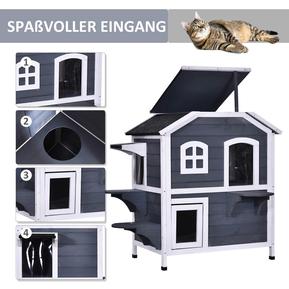 PawHut Katzenhaus grau Holz B/H/L: ca. 56x91x78 cm Katzenhaus - weiß/grau (78,00/56,00/91,00cm) - PawHut