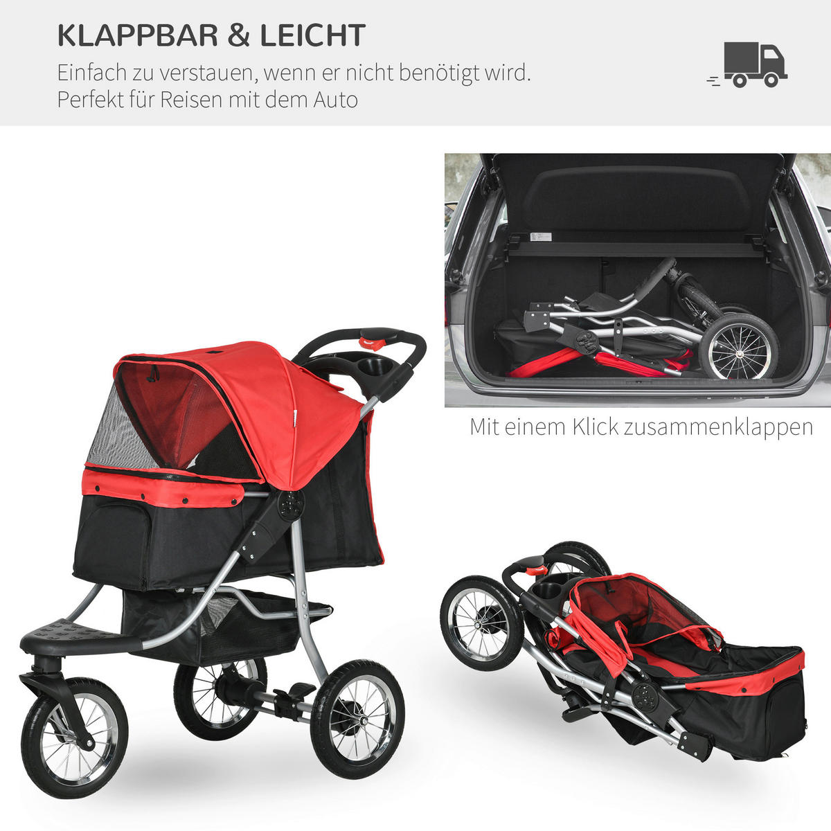 PawHut Hunde-Zubehör rot Polypropylen B/H/L: ca. 54,5x109,5x106,5 cm Hundewagen - rot (106,50/54,50/109,50cm) - PawHut