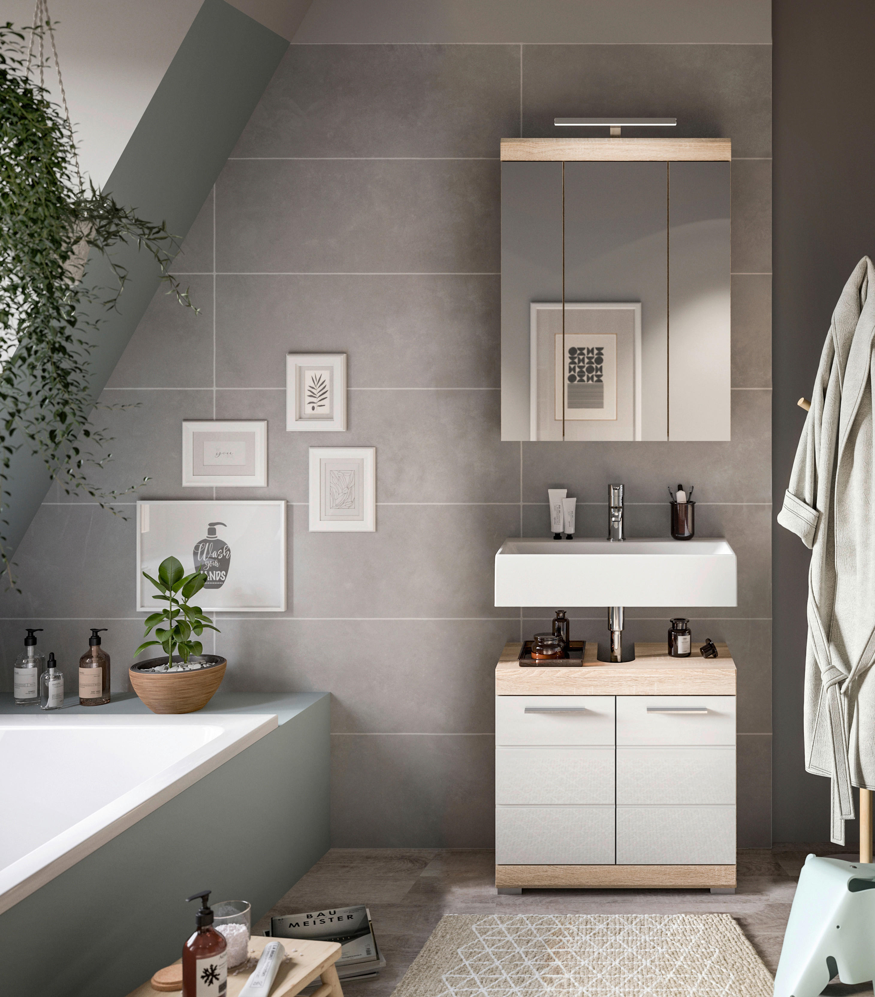 Badezimmer-Set Lambada Eiche Sonoma Nachbildung weiß Hochglanz B/H/T: ca. 60x191x34 cm Lambada - Eiche/weiß (60,00/191,00/34,00cm) - xonox.home