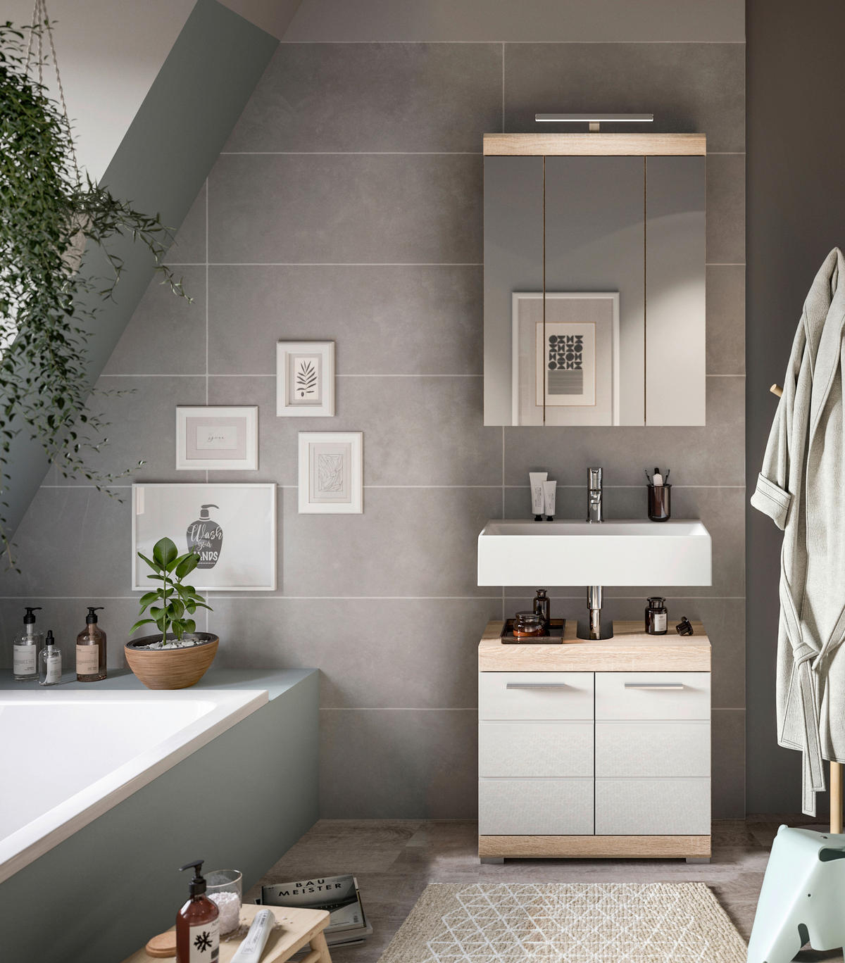 Badezimmer-Set Lambada Eiche Sonoma Nachbildung weiß Hochglanz B/H/T: ca. 60x191x34 cm Lambada - Eiche/weiß (60,00/191,00/34,00cm) - xonox.home