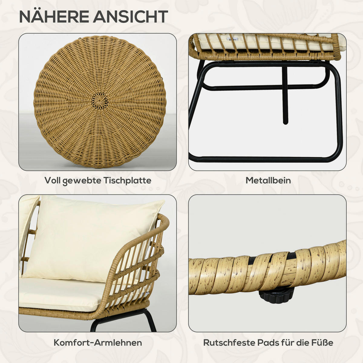 Outsunny Sitzgruppe beige Edelstahl B/H/L: ca. 70x145x78 cm Rattan_Gartenmöbel-Set - beige (78,00/70,00/145,00cm) - Outsunny