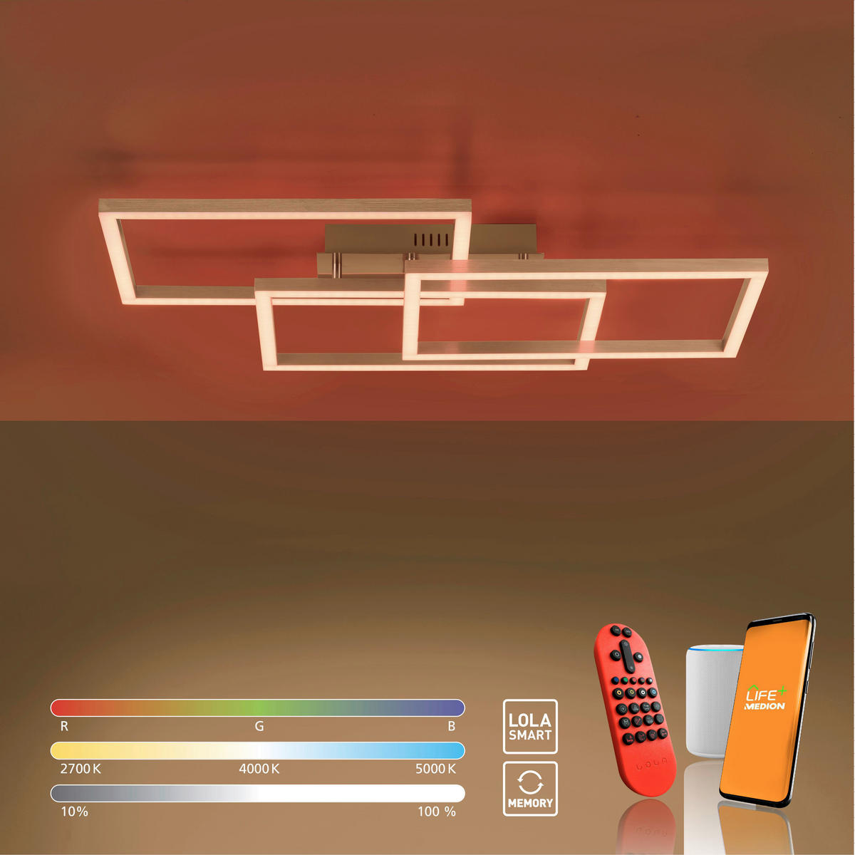 Just Light Smarte LED-Deckenleuchte MAXI 16431-55 stahlfarbig weiß Metall Kunststoff B/H/T: ca. 50x10,5x82 cm 3 Brennstellen LOLAsmart-MAXI - weiß/stahlfarbig (50,00/10,50/82,00cm) - Just Light