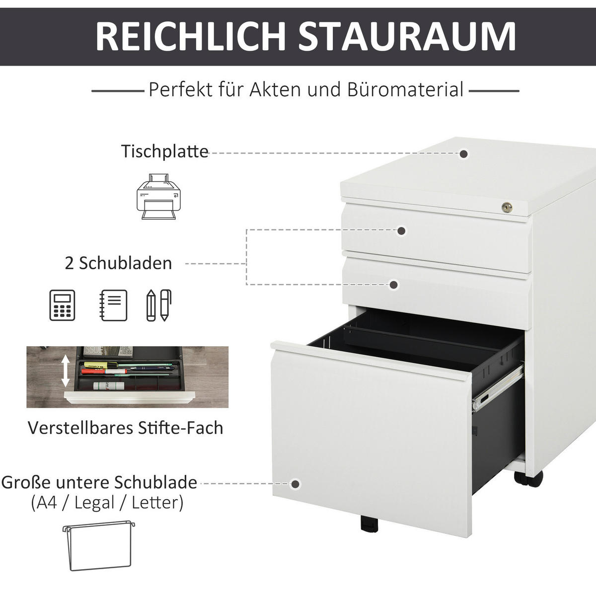 Rollcontainer 924-024WT weiß B/H/T: ca. 39x60x48 cm 924-024WT - weiß (39,00/60,00/48,00cm) - Vinsetto