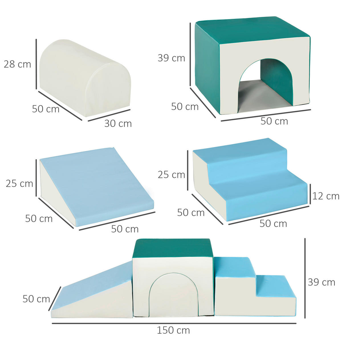 HOMCOM Kinder Bausteine 4er Set B/H/L: ca. 50x150x39 cm Kinder-Softplay-Set - blau/hellgrau (39,00/50,00/150,00cm) - HOMCOM