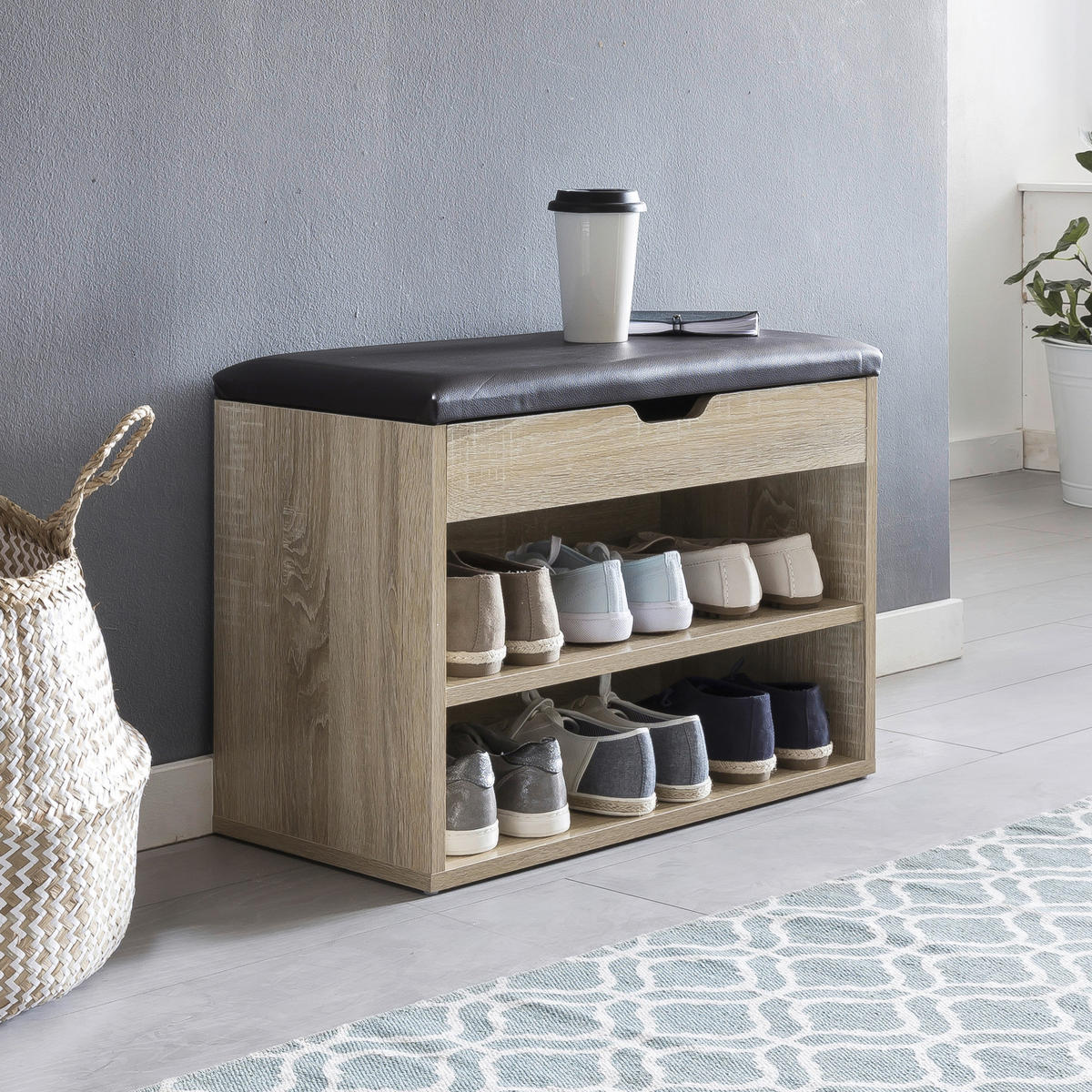 Schuhbank dunkelbraun Eiche Sonoma Nachbildung B/H/T: ca. 60x40x30 cm Schuhbank - Eiche/dunkelbraun (60,00/40,00/30,00cm) - Wohnling