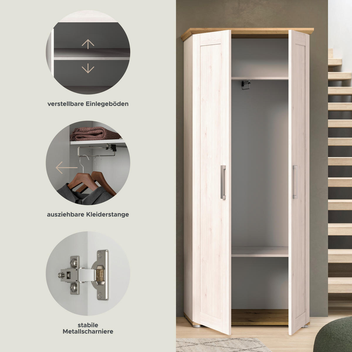 Garderobenschrank Verona Sibiu Lärche Nachbildung Eiche Artisan Nachbildung B/H/T: ca. 78x194x37 cm Verona - Eiche (78,00/194,00/37,00cm) - xonox.home