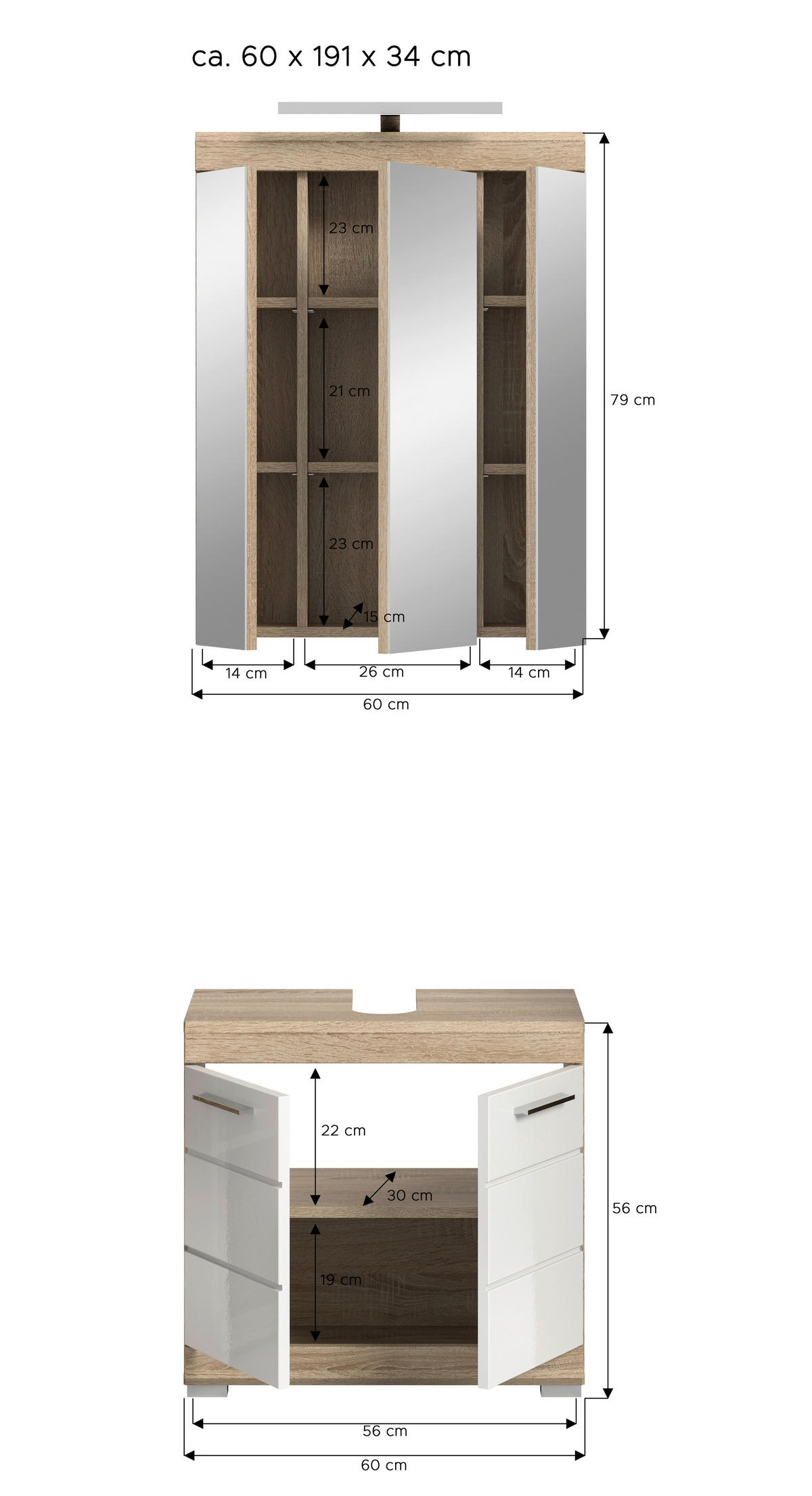 Badezimmer-Set Lambada Eiche Sonoma Nachbildung weiß Hochglanz B/H/T: ca. 60x191x34 cm Lambada - Eiche/weiß (60,00/191,00/34,00cm) - xonox.home