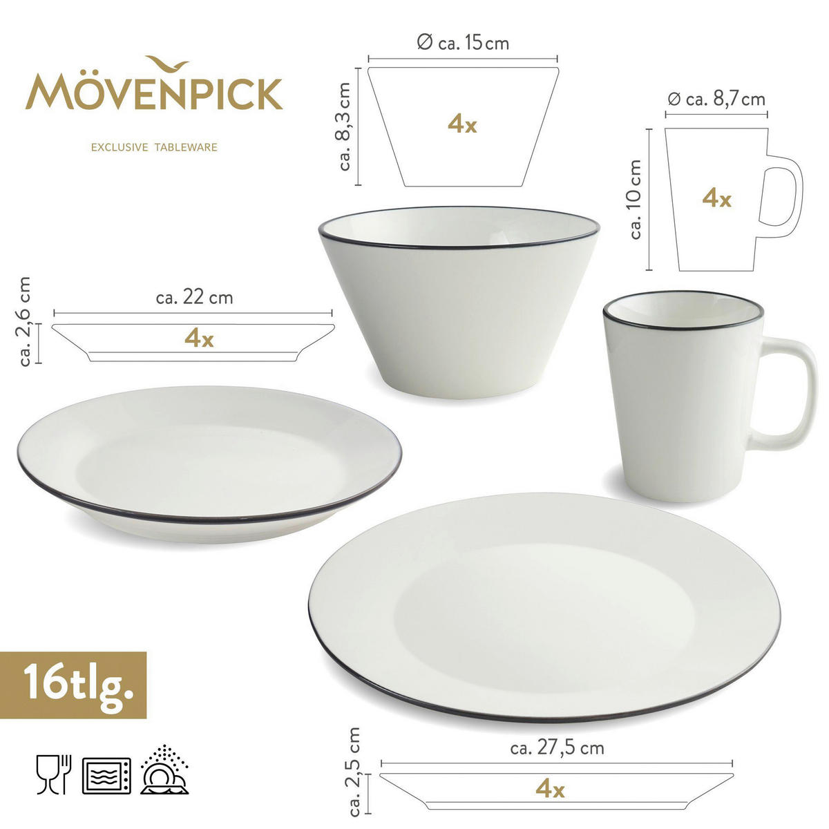 Mövenpick Kombiservice Montreux schwarz Porzellan 16 tlg. Montreux - weiß/schwarz - Mövenpick