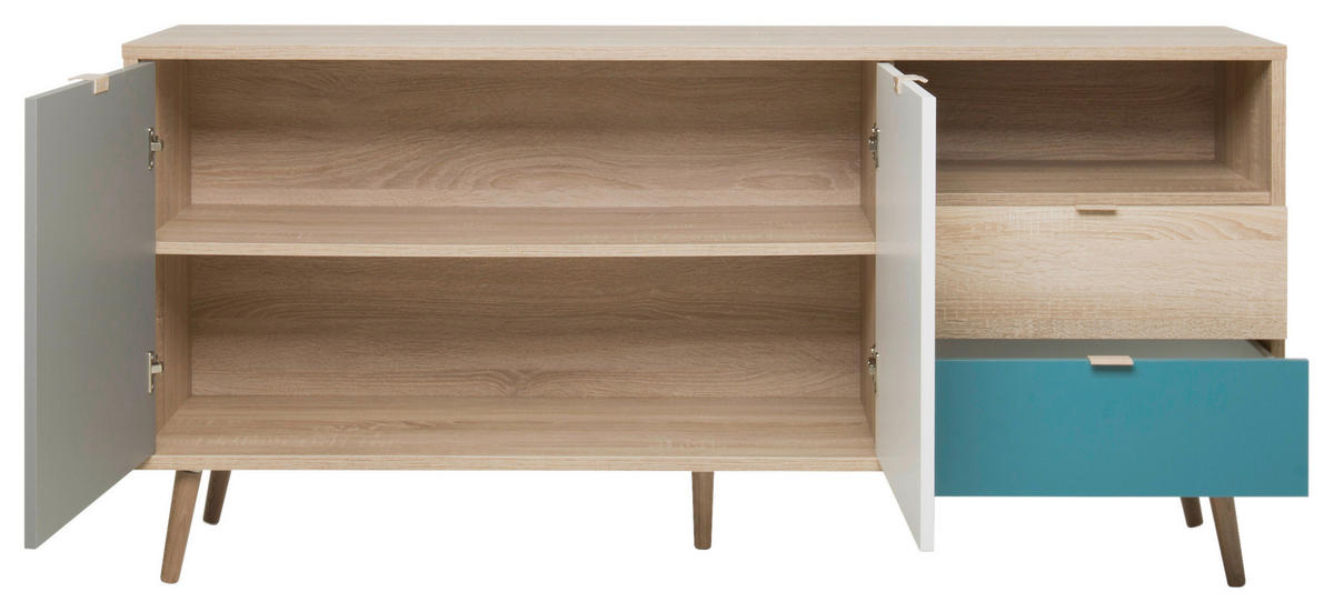 Sideboard Cuba Eiche Sonoma Nachbildung weiß grau petrol B/H/T: ca. 150x71x40 cm Cuba - Eiche/weiß (150,00/71,00/40,00cm)