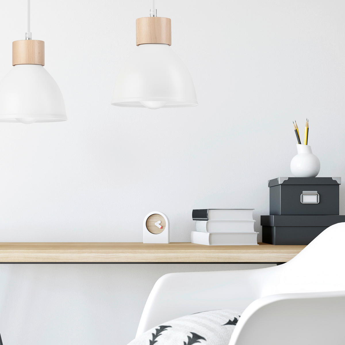 Lamkur Pendelleuchte weiß Stahl Holz B/H/L: ca. 13x82x48 cm E27 2 Brennstellen NICO - weiß (48,00/13,00/82,00cm) - Lamkur