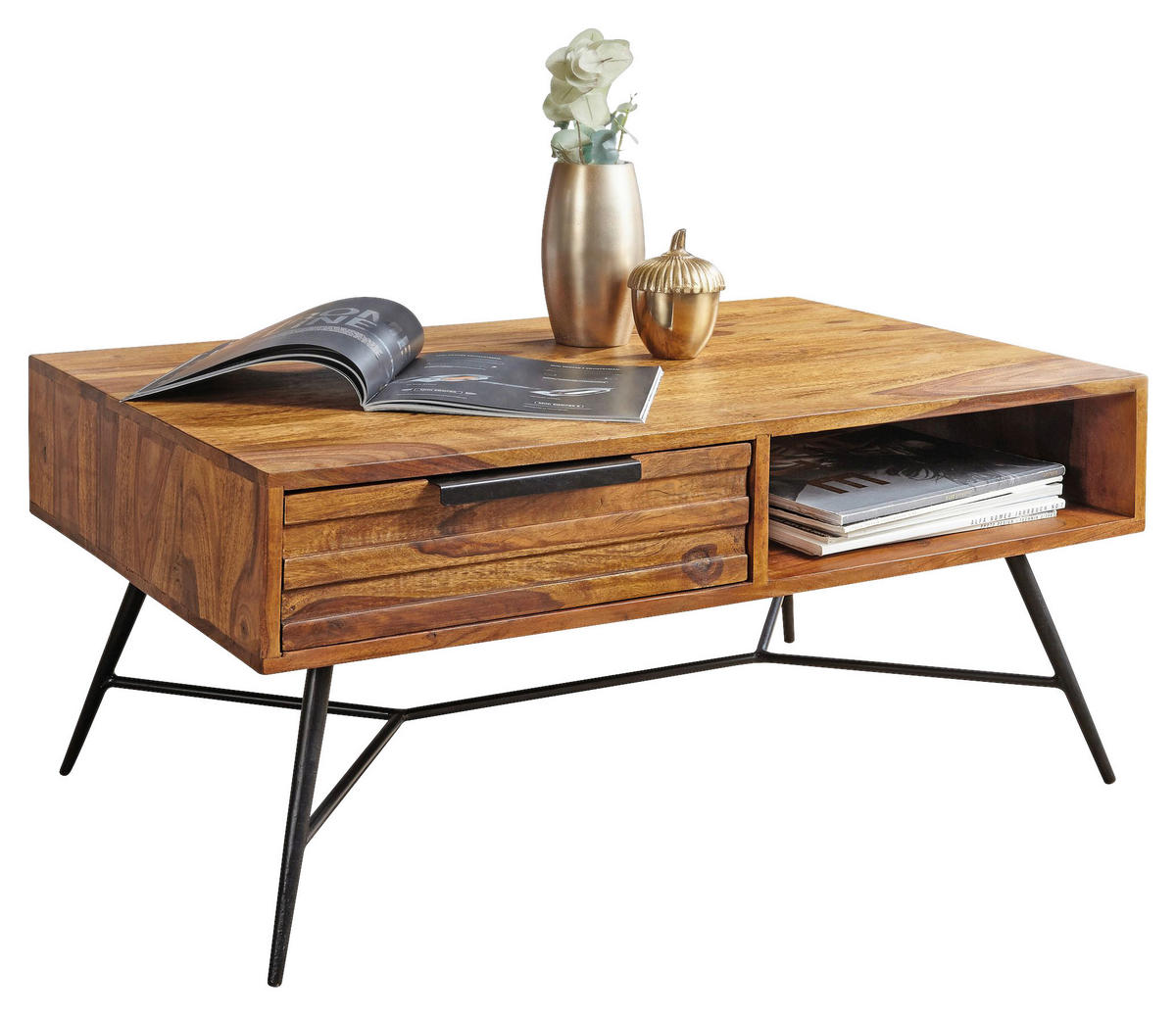 Wohnling Couchtisch natur schwarz Echtholz Metall B/H/T: ca. 87x41x55 cm Couchtisch - natur/schwarz (87,00/41,00/55,00cm) - Wohnling