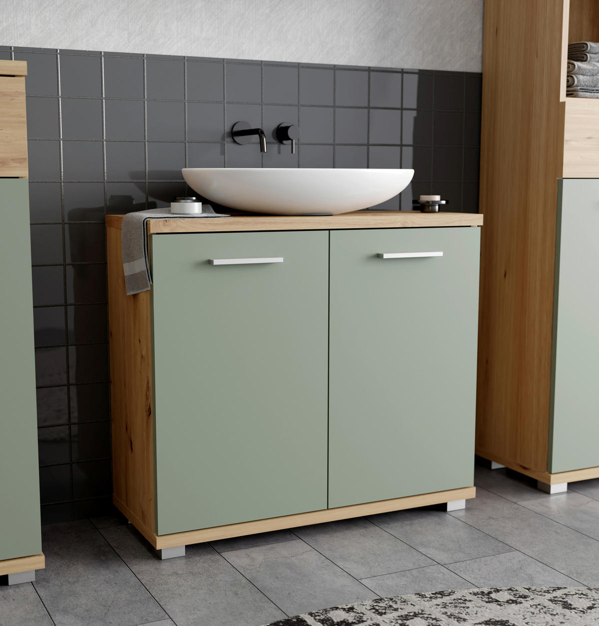 Waschbeckenunterschrank  Eiche Artisan Nachbildung salbei B/H/T: ca. 70x62x29 cm Champ_Waschbeckenunterschrank - Eiche/salbei (70,00/62,00/29,00cm)