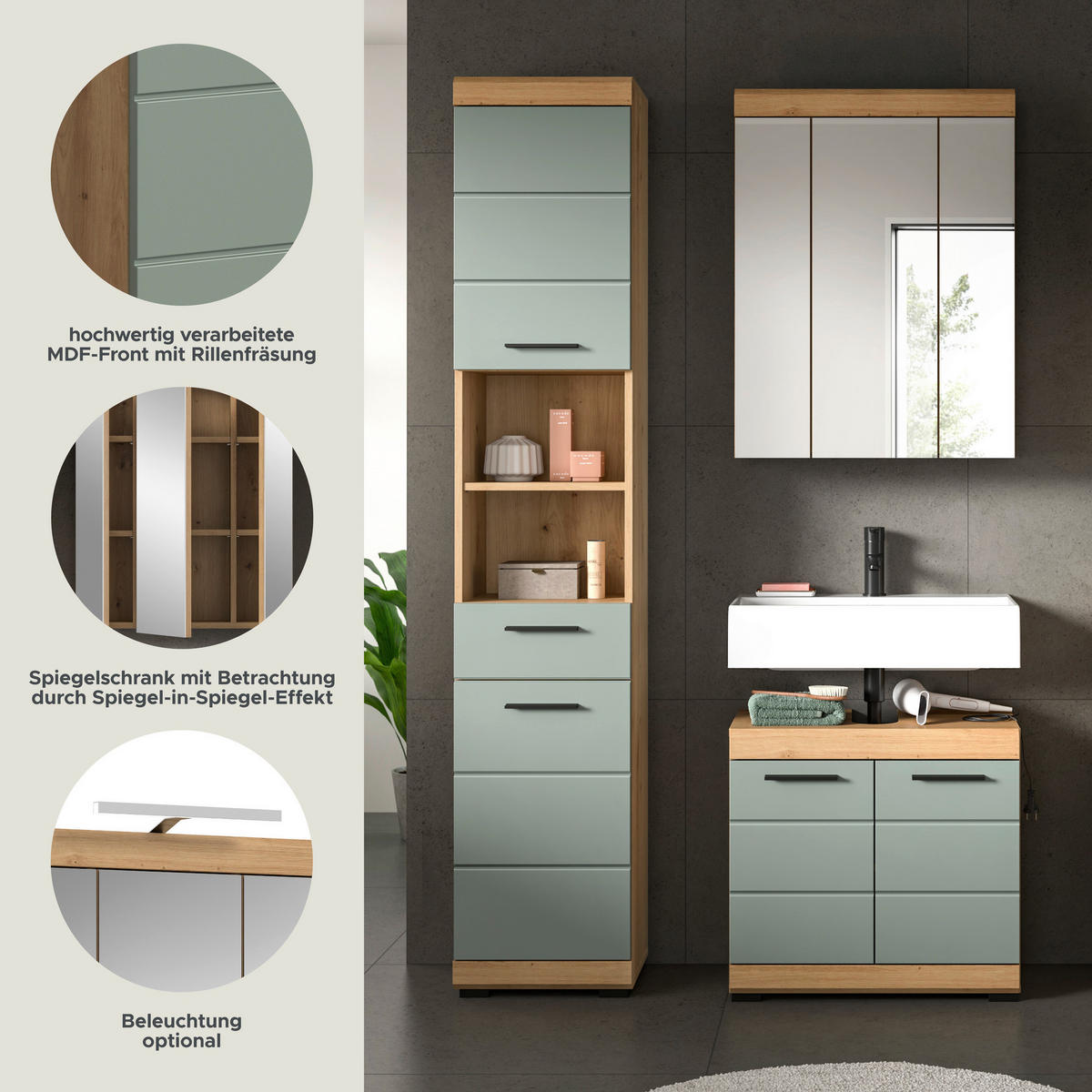 Badezimmer-Set Scout Eiche Artisan Nachbildung salbei Nachbildung B/H/T: ca. 112x191x34 cm Scout - Eiche/salbei (112,00/191,00/34,00cm) - xonox.home