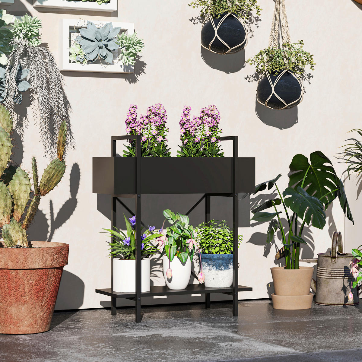 Outsunny Pflanzenständer schwarz Metall B/H/L: ca. 25x70x60 cm Pflanzenständer - schwarz (60,00/25,00/70,00cm) - Outsunny