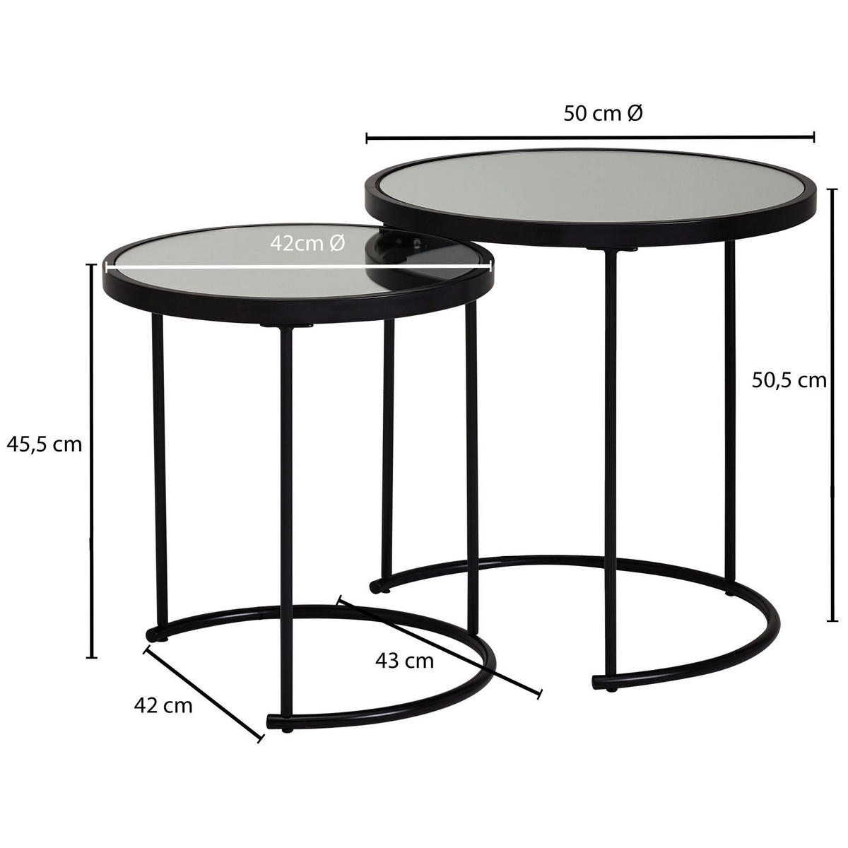 Beistelltisch 2er-Set. schwarz lackiert Glas Metall 2er-Set. - schwarz - Wohnling