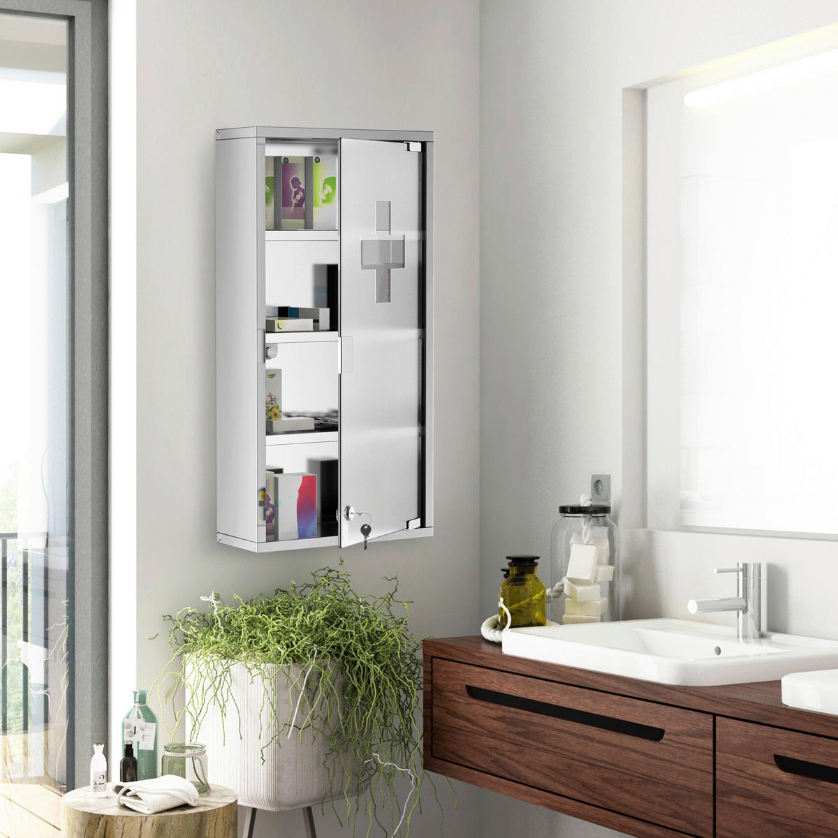 HOMCOM Medizinschrank silber Glas B/H/L: ca. 12x30x60 cm Medizinschrank - silber (60,00/12,00/30,00cm) - HOMCOM