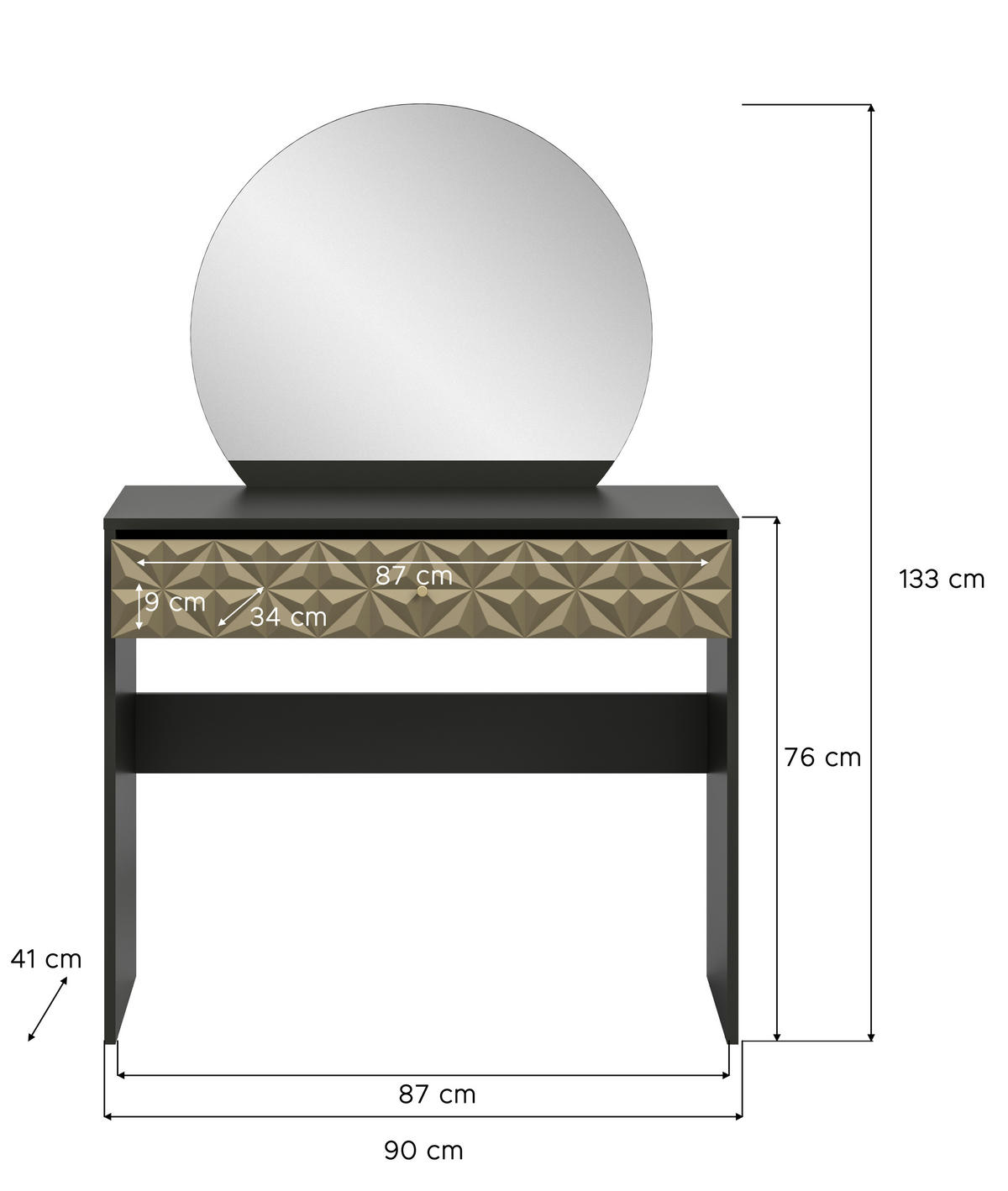 Schminktisch PRISMA schwarz gold Hochglanz Optik B/H/T: ca. 90x133x39 cm PRISMA - gold/schwarz (90,00/133,00/39,00cm) - xonox.home