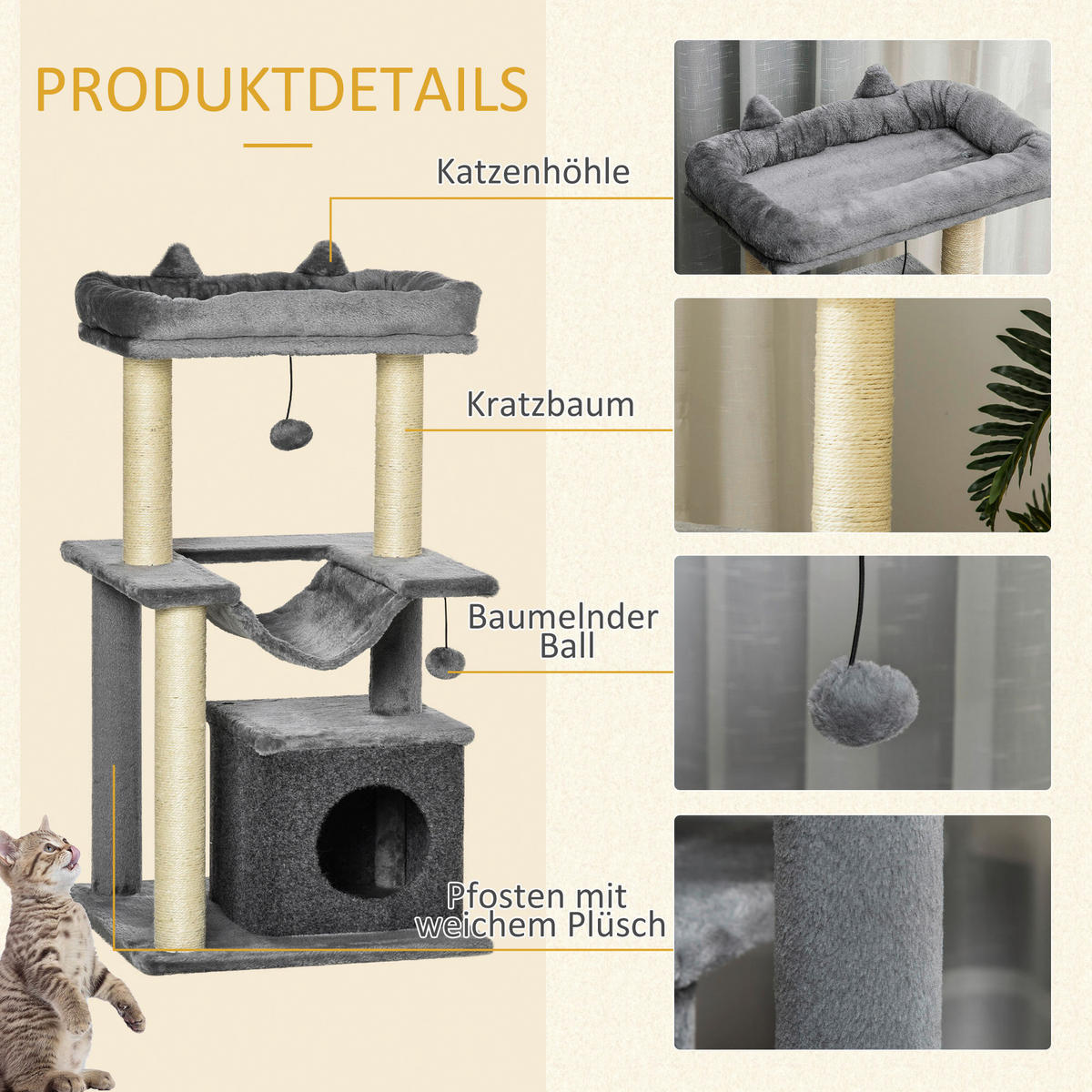 PawHut Kratzbaum grau Spanplatte B/H/L: ca. 48x48x90 cm Kratzbaum - grau (90,00/48,00/48,00cm) - PawHut