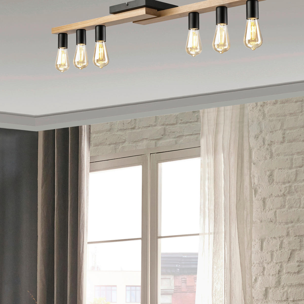 Lamkur Deckenleuchte MATTE 50300 Eiche schwarz Eiche Glas Stahl H/L: ca. 12x104 cm E27 6 Brennstellen Matte - Eiche/schwarz (104,00cm) - Lamkur