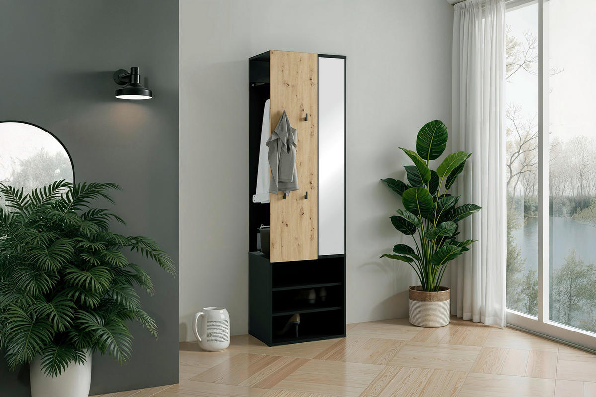 Garderobenset ANDORRA Eiche schwarz B/H/T: ca. 55x187,5x40,5 cm ANDORRA - Eiche/schwarz (55,00/187,50/40,50cm) - byLIVING