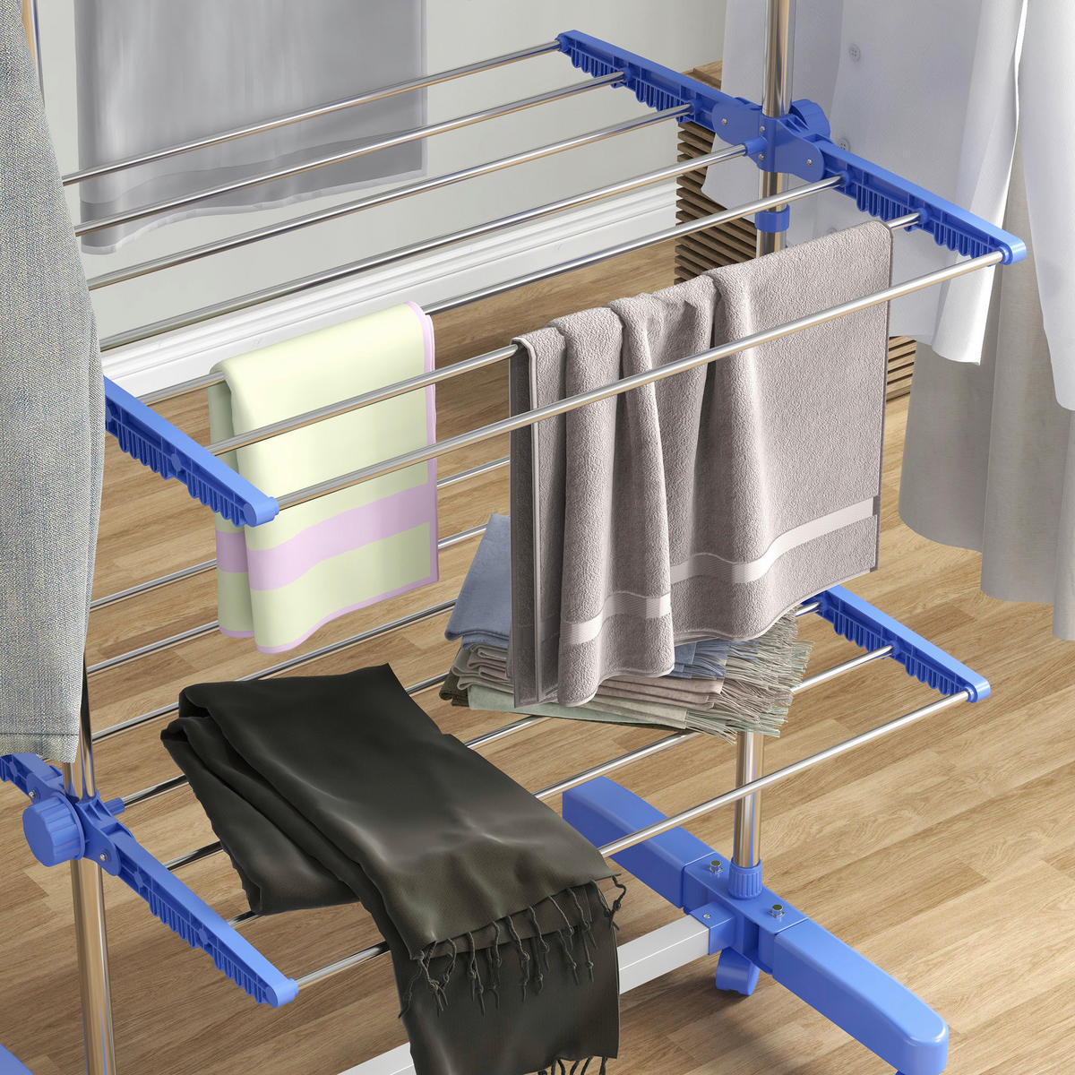 HOMCOM Wäscheständer blau Polypropylen B/H/L: ca. 55x142x172 cm Trockenständer - blau (172,00/55,00/142,00cm) - HOMCOM