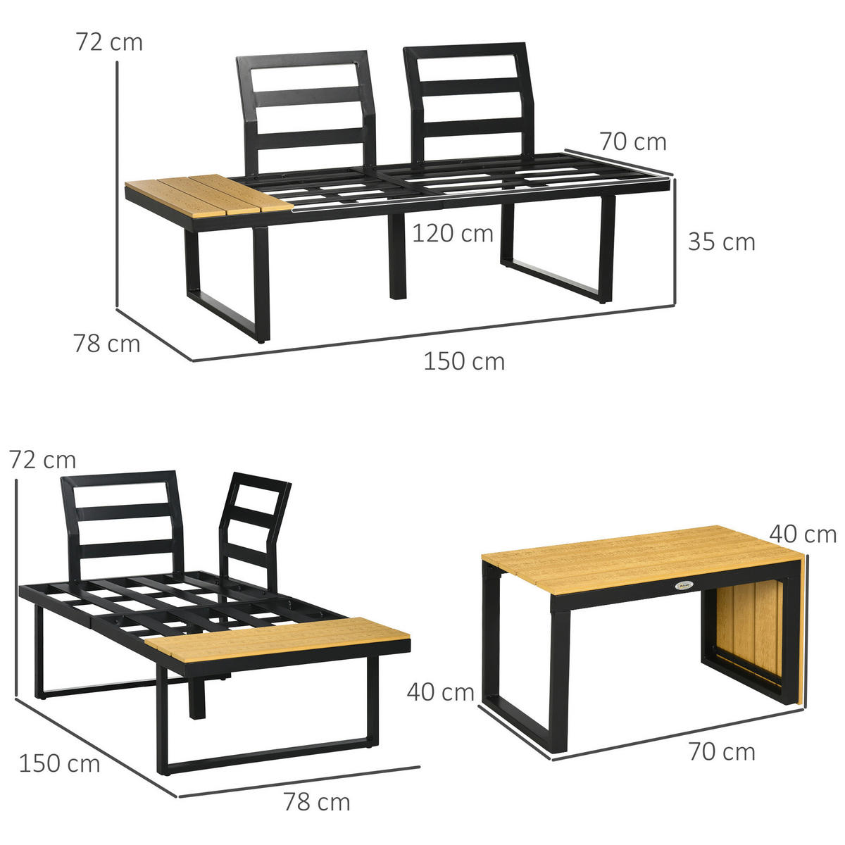 Outsunny Gartensitzgruppe hellgrau Aluminium B/H/L: ca. 78x72x150 cm Gartensitzgruppe - hellgrau (150,00/78,00/72,00cm) - Outsunny