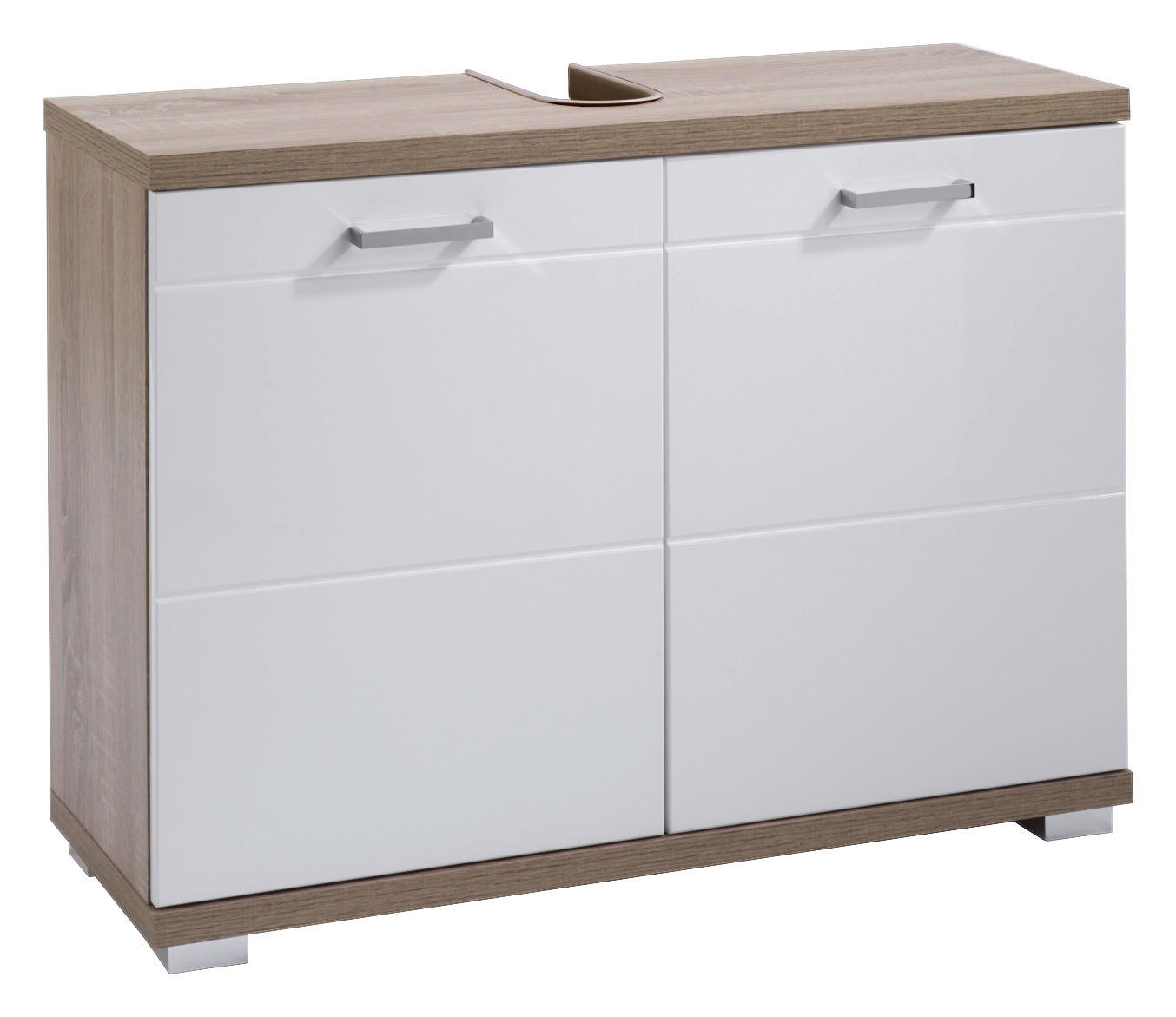 Waschbeckenunterschrank NEBRASKA Eiche Nachbildung weiß Hochglanz silber verchromt B/H/T: ca. 80x59x31,5 cm NEBRASKA - Eiche/weiß (80,00/59,00/31,50cm) - byLIVING