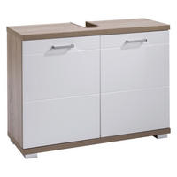 Waschbeckenunterschrank NEBRASKA Eiche Nachbildung weiß Hochglanz silber verchromt B/H/T: ca. 80x59x31,5 cm NEBRASKA - Eiche/weiß (80,00/59,00/31,50cm) - byLIVING