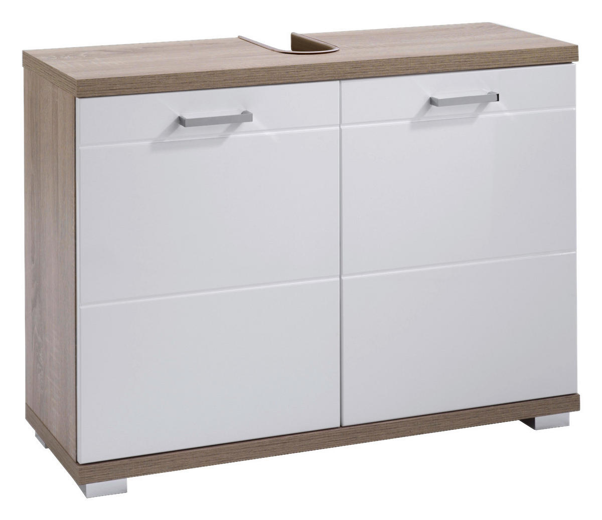 Waschbeckenunterschrank NEBRASKA Eiche Nachbildung weiß Hochglanz silber verchromt B/H/T: ca. 80x59x31,5 cm NEBRASKA - Eiche/weiß (80,00/59,00/31,50cm) - byLIVING